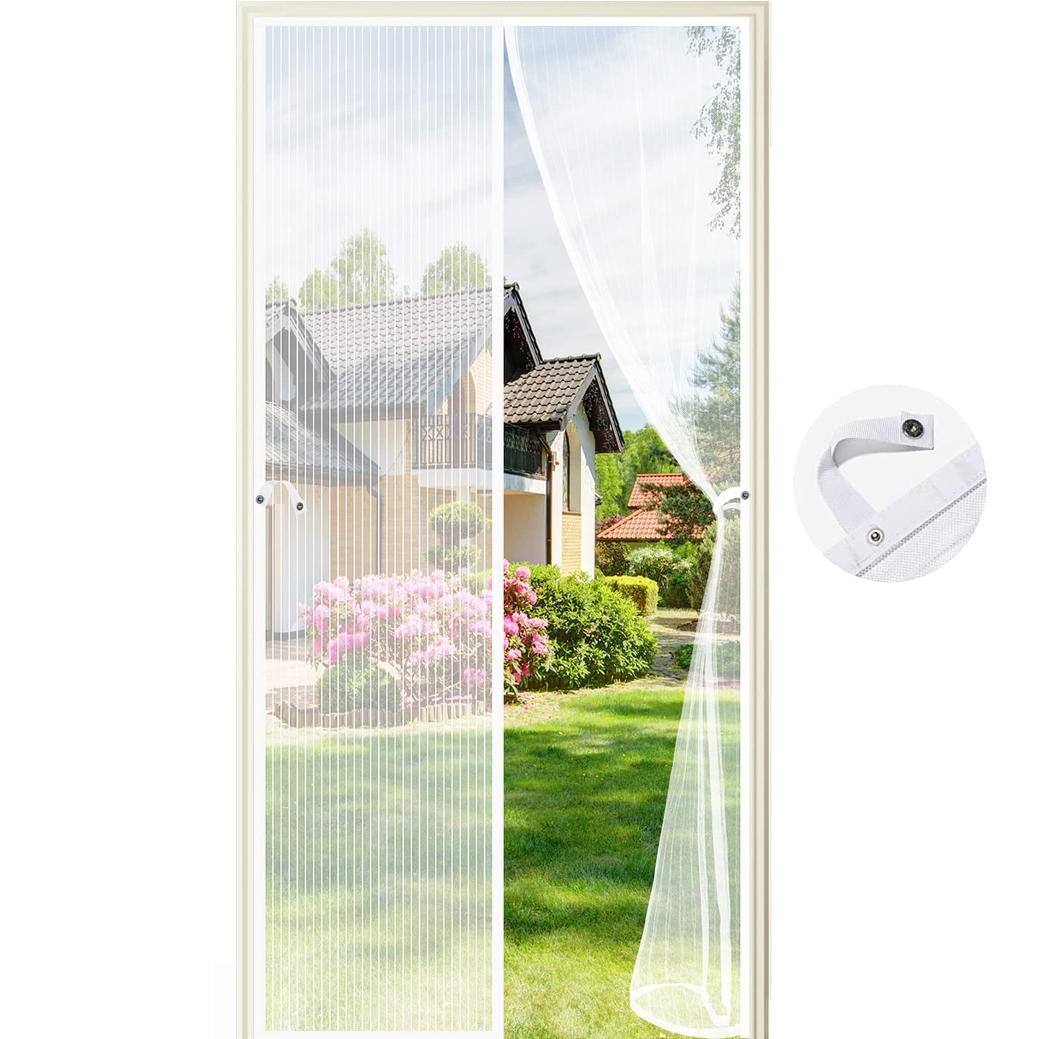 AOXOI Magnetic Fly Screen Door, Door Nets with Magnets Anti Mosquito Mesh Curtain Keep Insects Out&Fresh Air in No Drilling Hands Free with Snap Fastener for Balcony Patio Doors(90*210CM White)