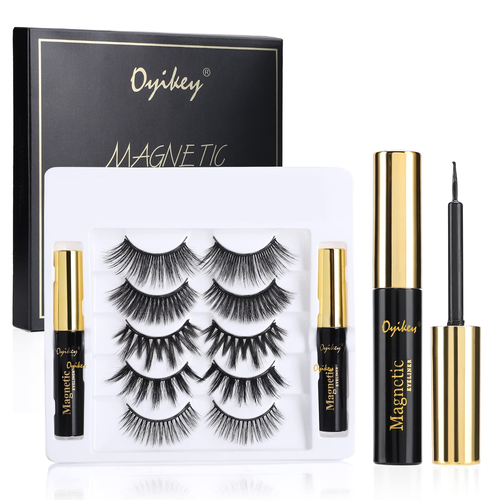 Oyikey Magnetic Eyelashes with Eyeliner Kit - 5D Magnetic Eyelash Kit - 5 Pairs Reusable Magnetic False Lashes - No Glue Needed