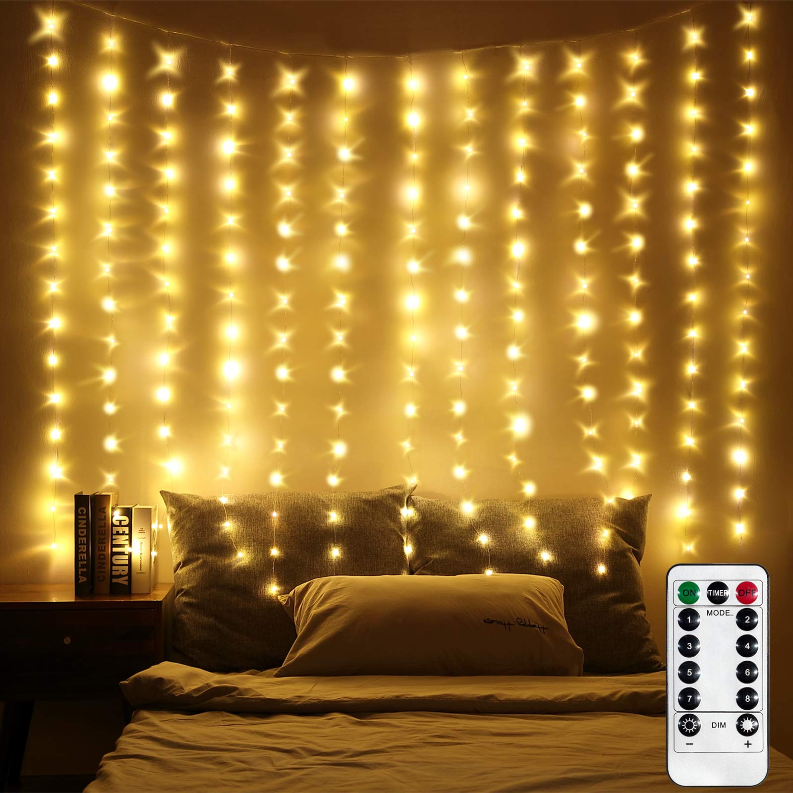 LED Window Curtain Lights, Photo Backdrop Lights Twinkle String Lights with Remote Control for Wedding Party Bedroom Wall Christmas Decorations (Warm White, 6.5 x 5 ft)