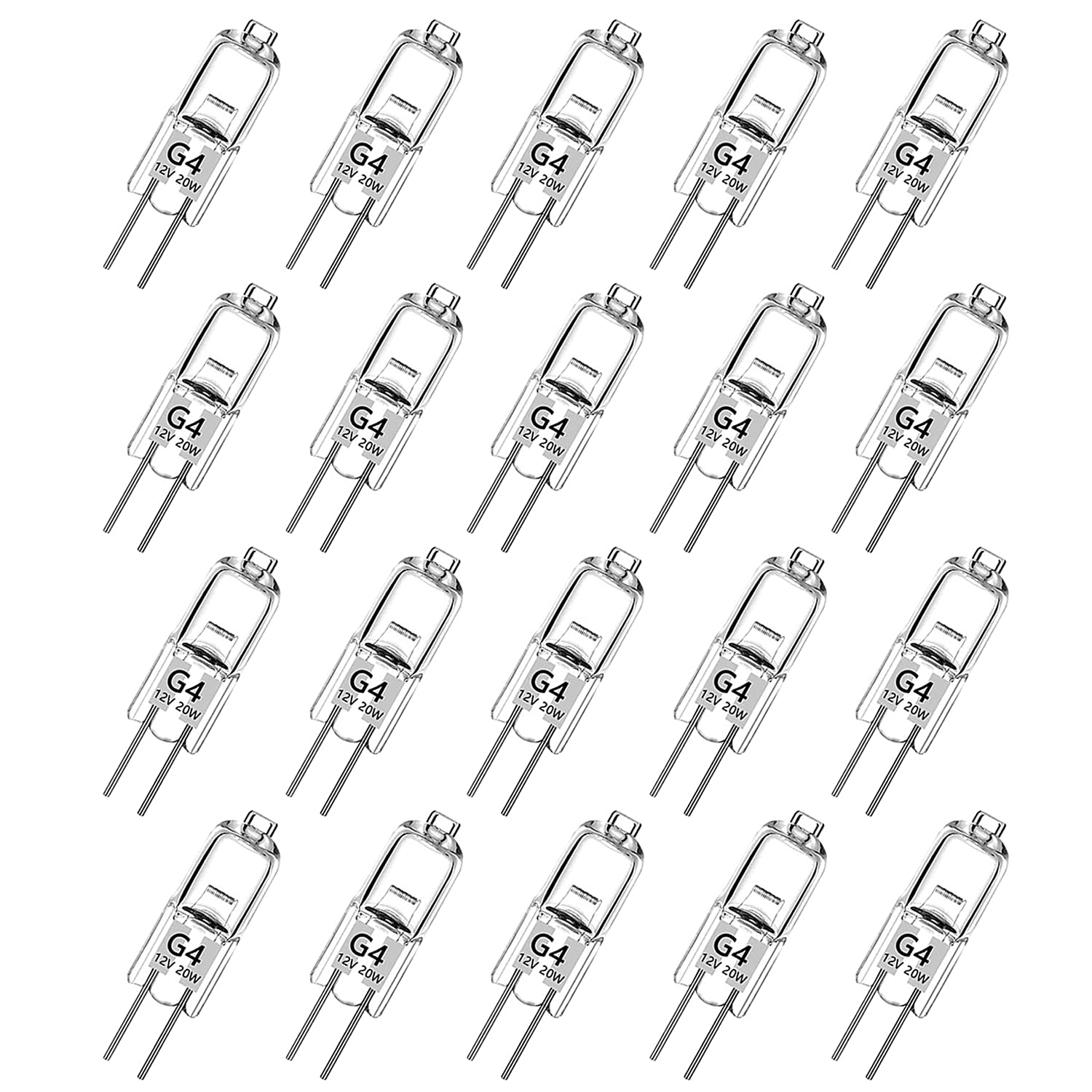 20 Pack G4 Halogen Bulbs，12 Volt 20 Watt Bi-Pin Halogen Bulbs Dimmable for Ceiling Lights,Table Light,Cabinet Lights,Warm White Brightness