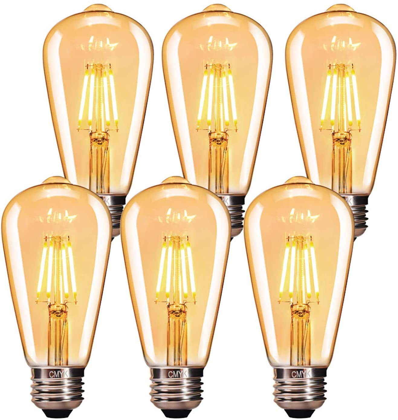 Vintage LED Edison Bulb, CMYK Vintage Light Bulb 4W (40W Equivalent) E27 LED Filament Bulb No-Flicker Antique Retro Style ST64 2700K 360LM Warm White Amber Glass 6 Pack [Energy Class A]