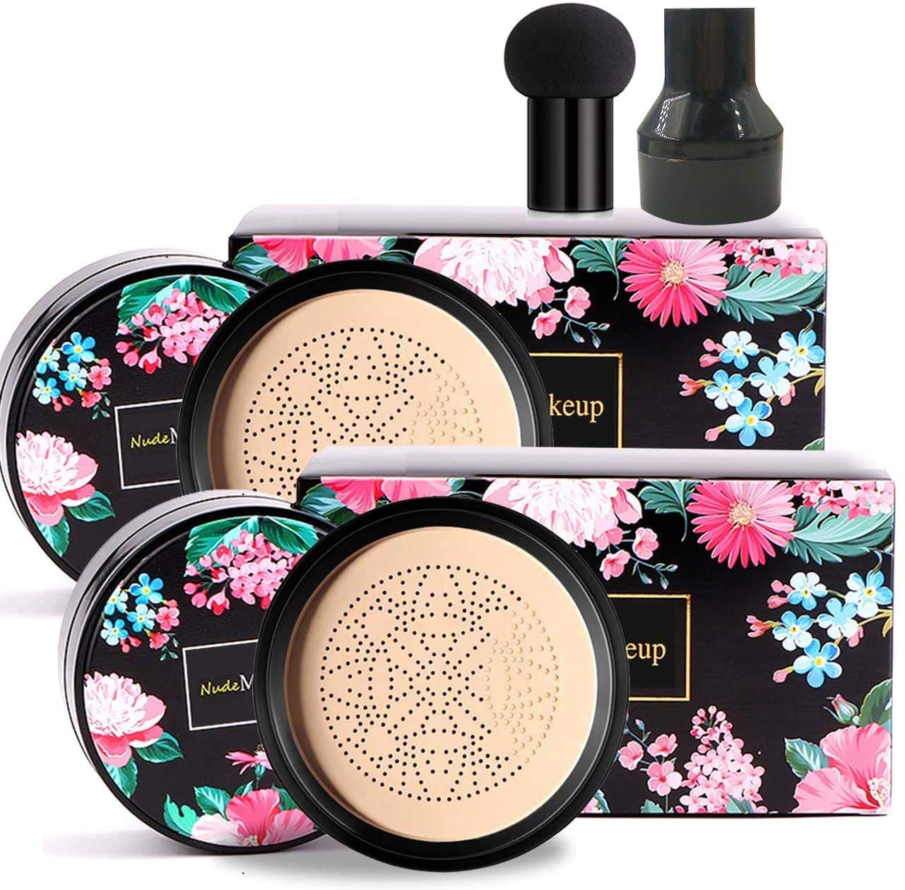 2 Pack Mushroom Head Air Cushion CC Liquid Foundation, Concealer Lasting Nude Makeup Moisturizing Brightening Pigment BB Cream (Nature)