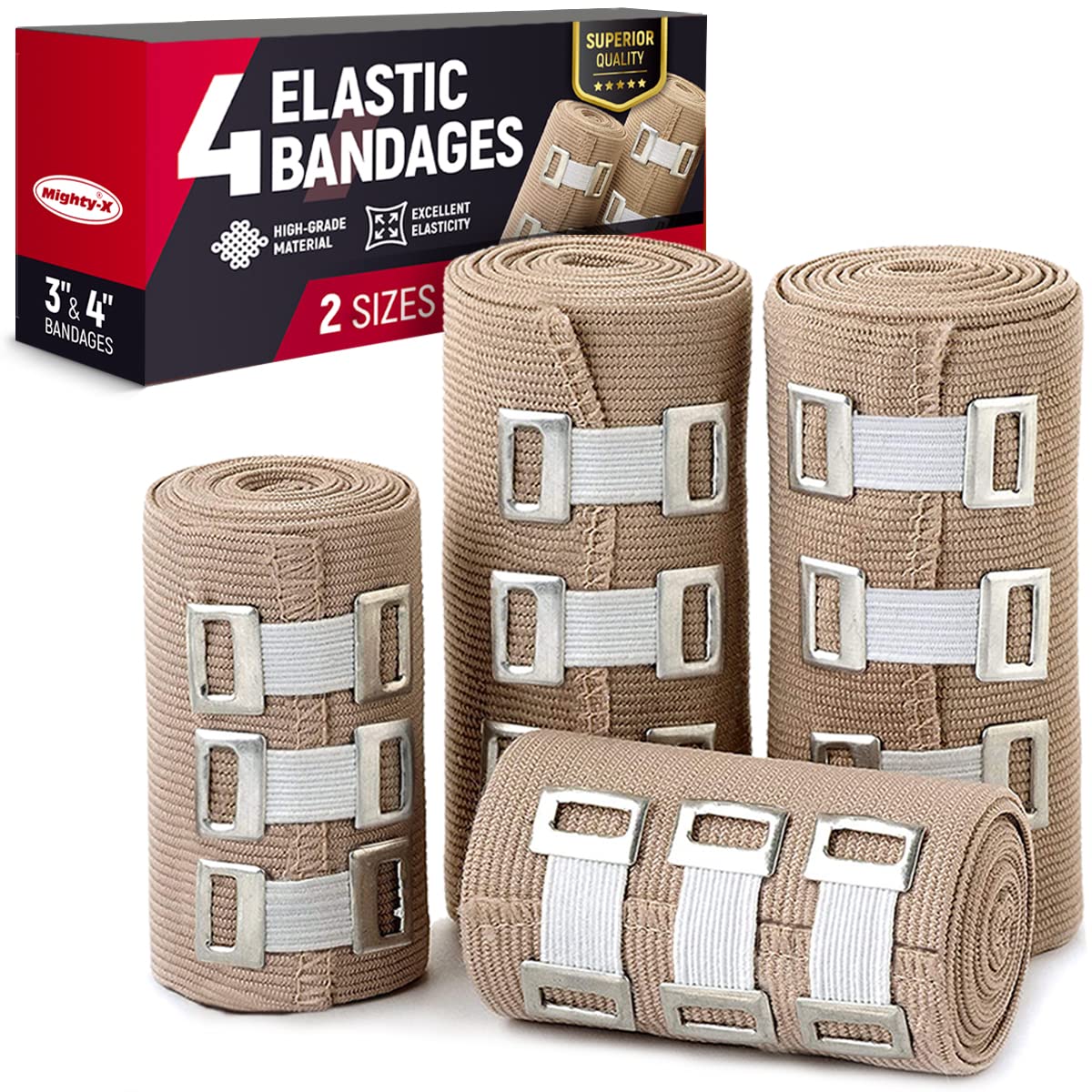 Premium Compression Bandage - Pack of 4 - (2 x 7.5cm + 2 x 10cm) - Durable Elastic Bandage Wrap + 12 Extra Clips - Stretches up to 4.6m