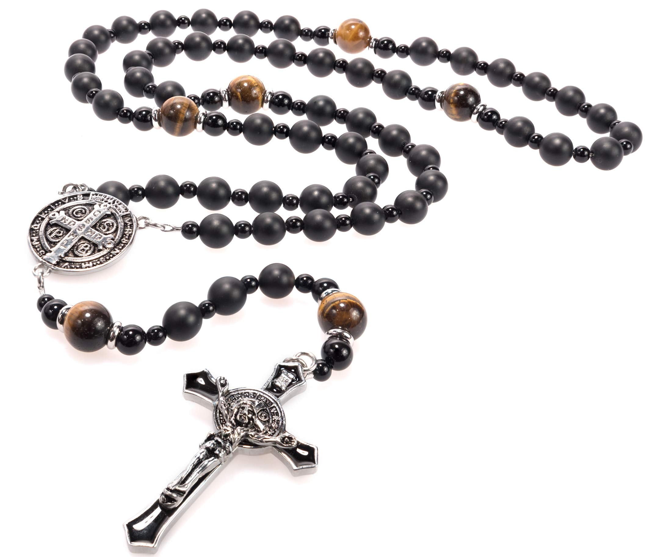 Black Rosary Beads Catholic for Men – Rugged Onyx Rosary – Handcrafted Stone Rosary with Stainless Steel St Benedict Crucifix and Medal…