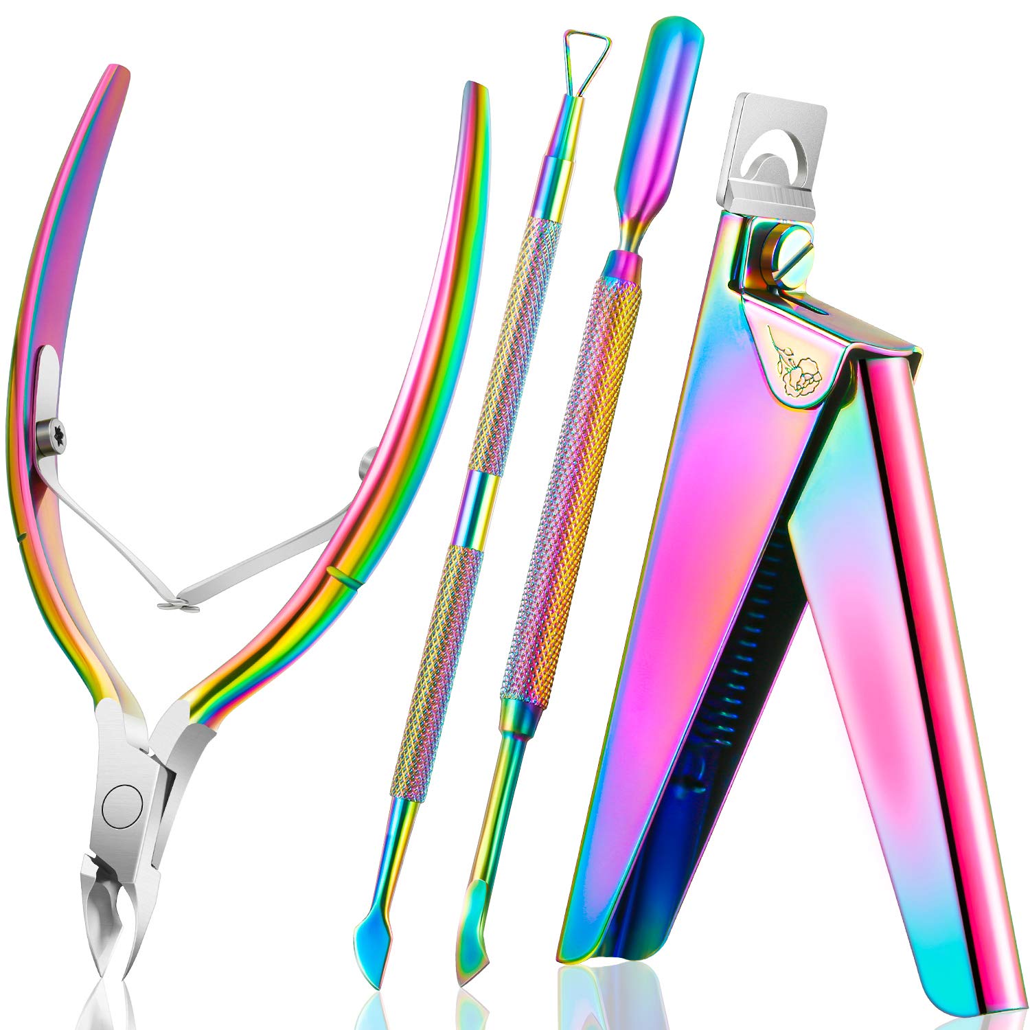 Acrylic Nail Clipper False Nail Tips Clipper Cuticle Trimmer Nipper with Cuticle Pusher Cuticle Remover, Stainless Steel Rainbow Color Nail Manicure Set for Salon Home Nail Art