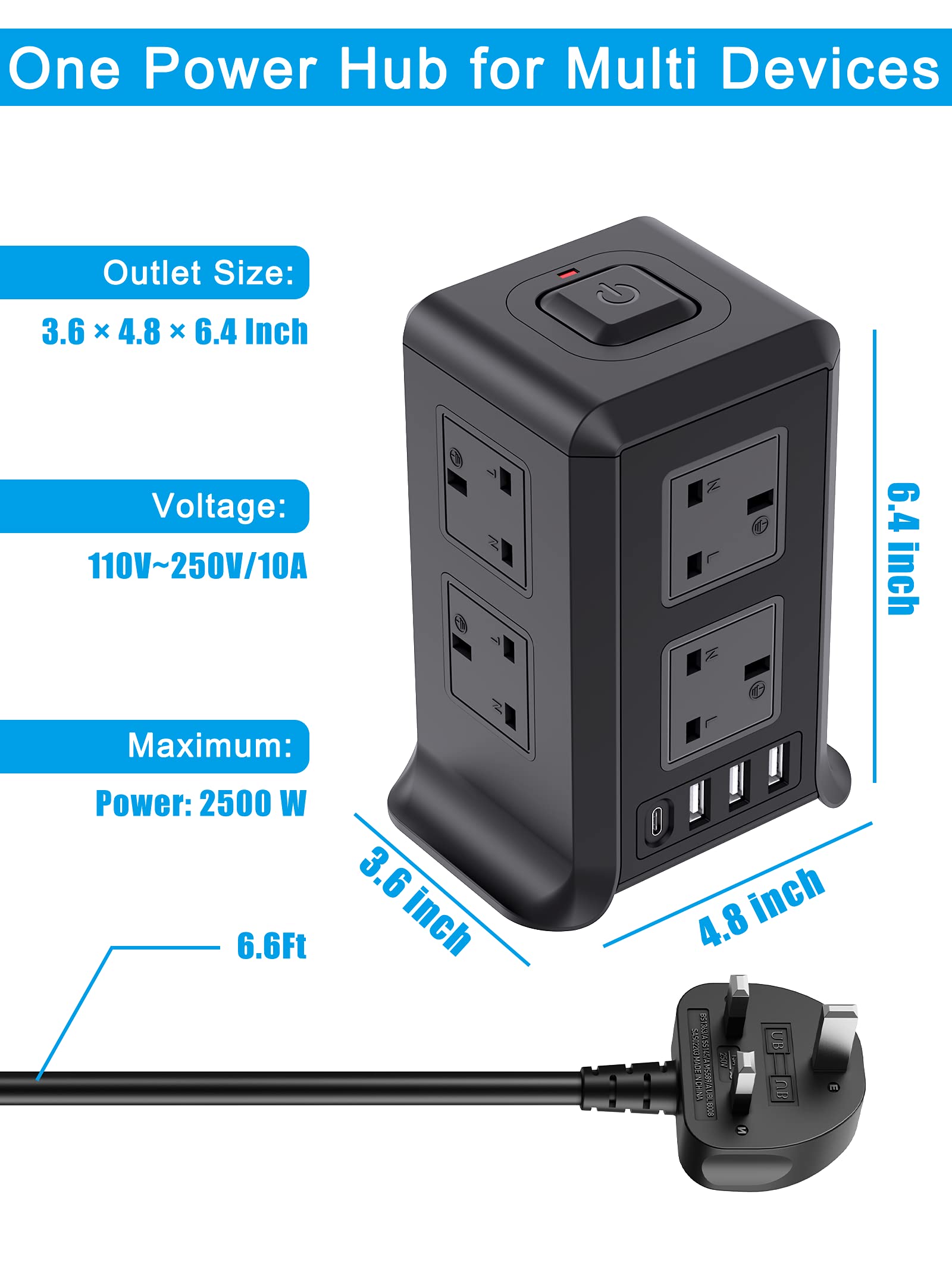 Tower Extension Lead, 8 Way Plug Extension and 3 USB Ports(5V/2.4A) & 1 Type-C Port (5V/3A) Surge Protector Extension Lead Tower 2M Long Extension Cord for Home, Office