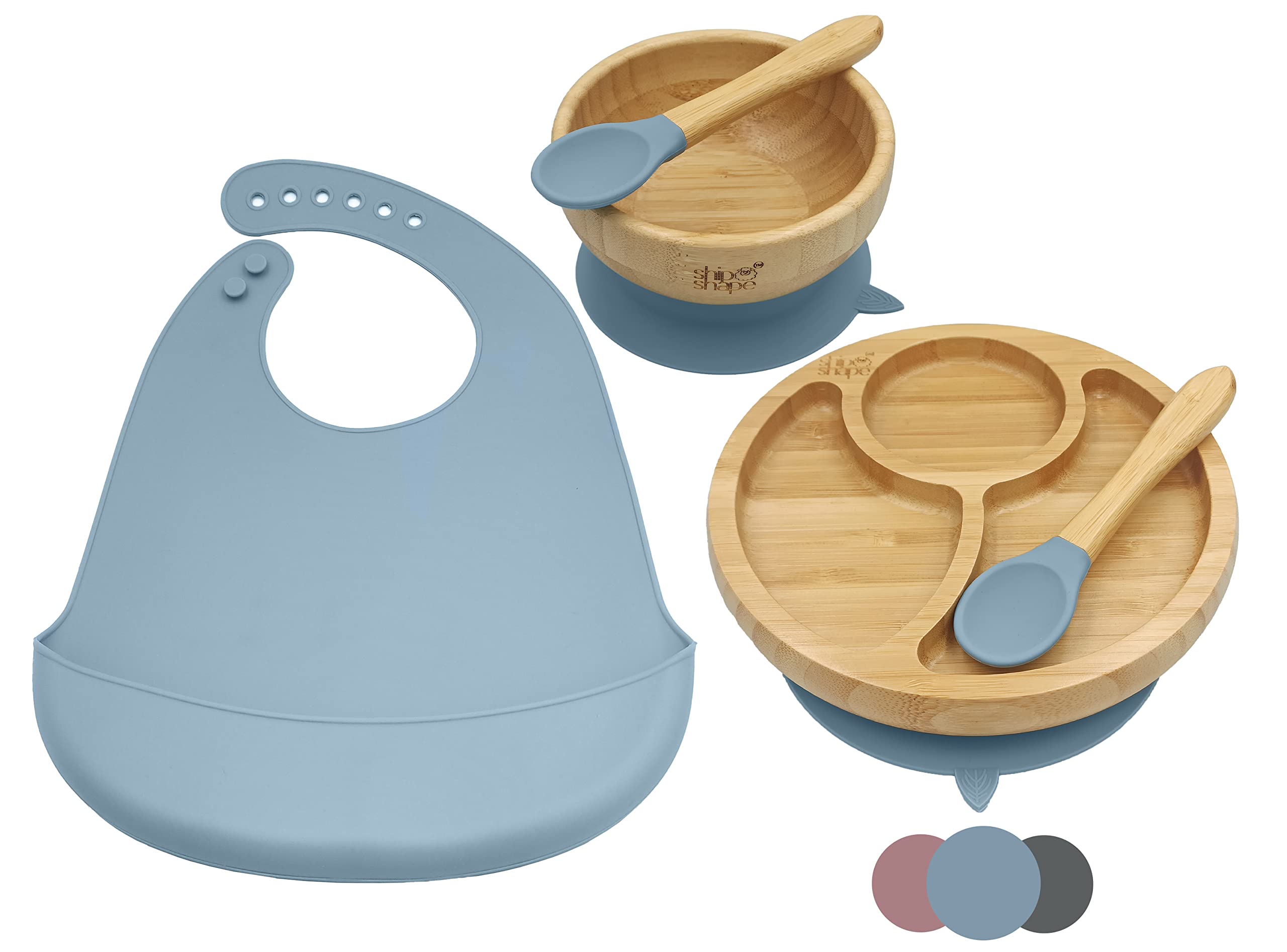 ShipShape Bamboo Baby Weaning Set, Suction Plate & Bowl, 2 Spoons & Silicone Bib, Baby Feeding Set, Free eBook on Weaning, Natural Wooden Plates, Perfect for Dinner Set & Baby Shower Gifts (Blue)