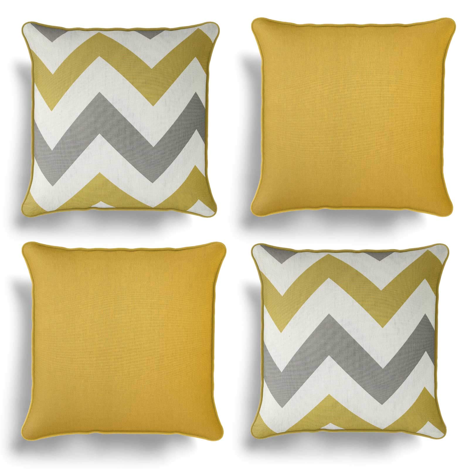 Set of 4 Ochre Yellow Cushion Covers, Pack of Four Matching Chevron Stripe and Plain Design Cotton Cushion Covers, Piped Trim Cushion Cases, Sofa Chair Throw Pillow Cases, 17" x 17", 43cm x 43cm