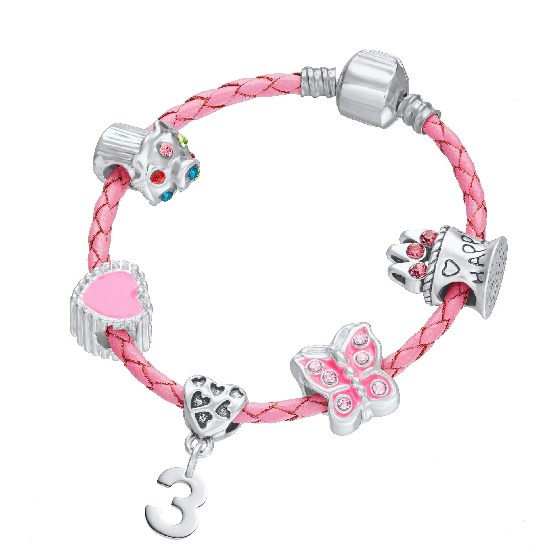 Children's Pink Leather Happy 3rd Birthday Charm Bracelet with Gift Box - Girl's & Children's Birthday Gift Jewellery