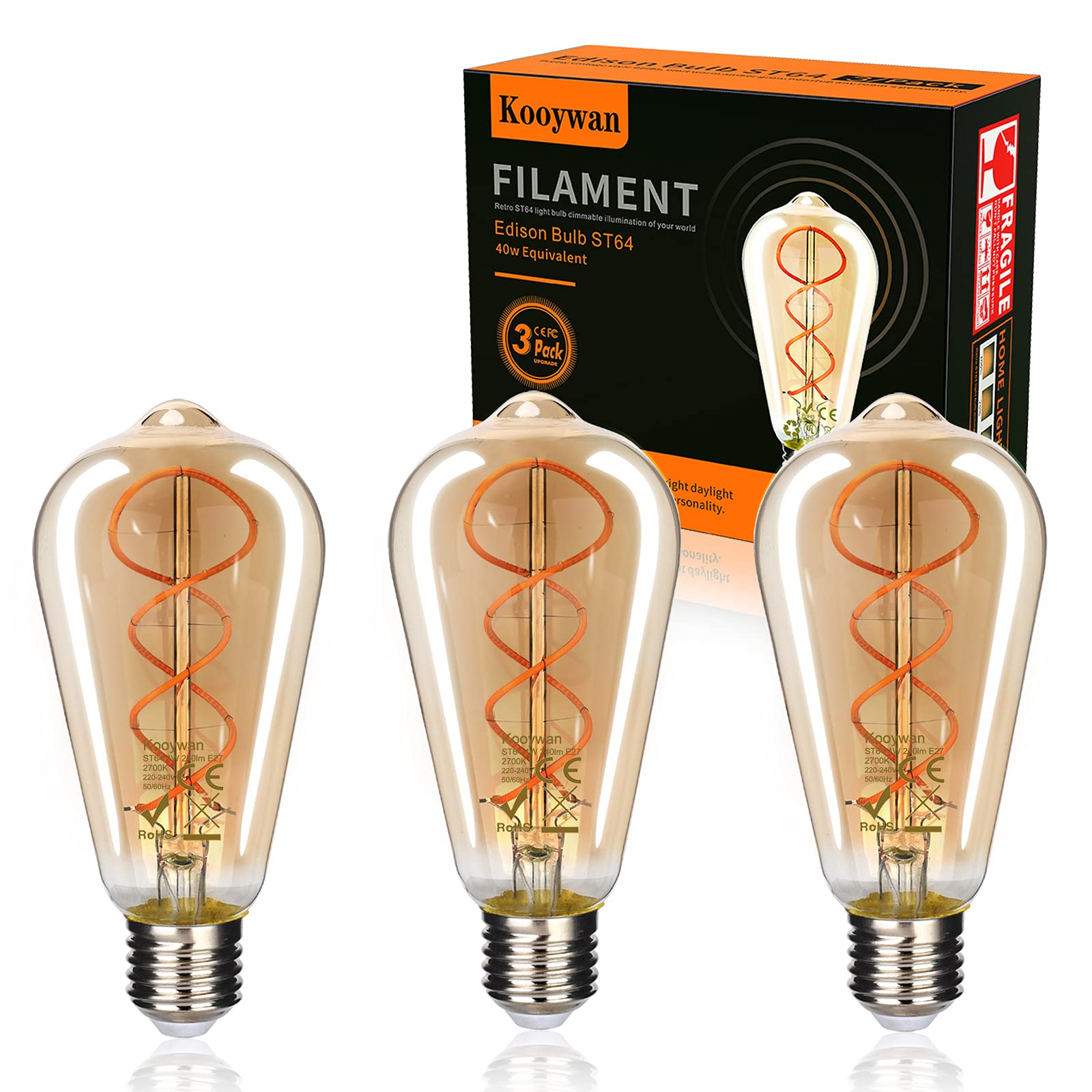 LED Bulb E27 Vintage Edison Light Screw Cap 4W(40W Equivalent) Dimmable 2700K Warm White,Squirrel Cage Flexible Spiral Filament ST64 400lm Decorative Retro Style Energy Saving Lightbulbs Pack of 3