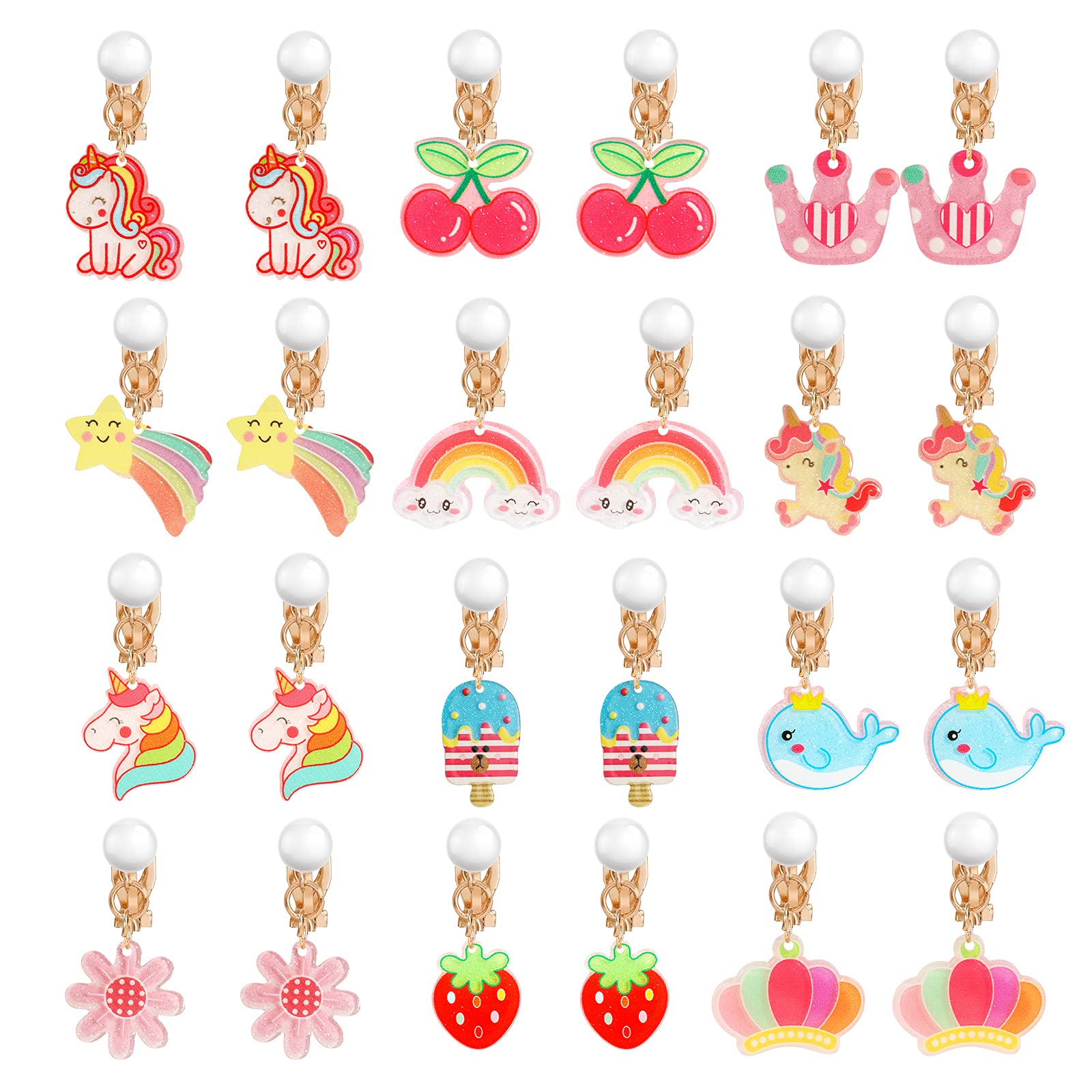 Hifot 12 Pairs Clip on Earrings Girls, Unicorn Rainbow Strawberry Flower Princess No Pierced Earrings for Kids, Party Favors Pretend Play Jewelry Accessories