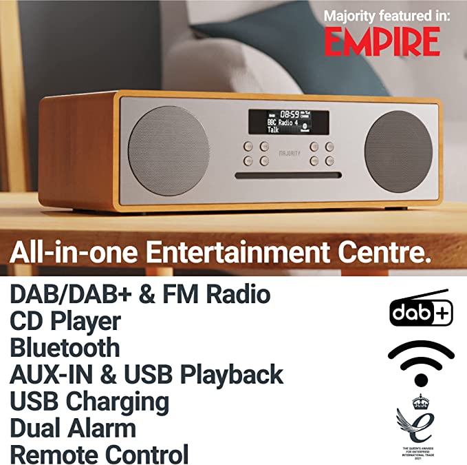 MAJORITY Oakington Bluetooth Hi-Fi Compact Stereo System | FM & DAB Radio & CD Player | Remote Control | AUX & USB Input