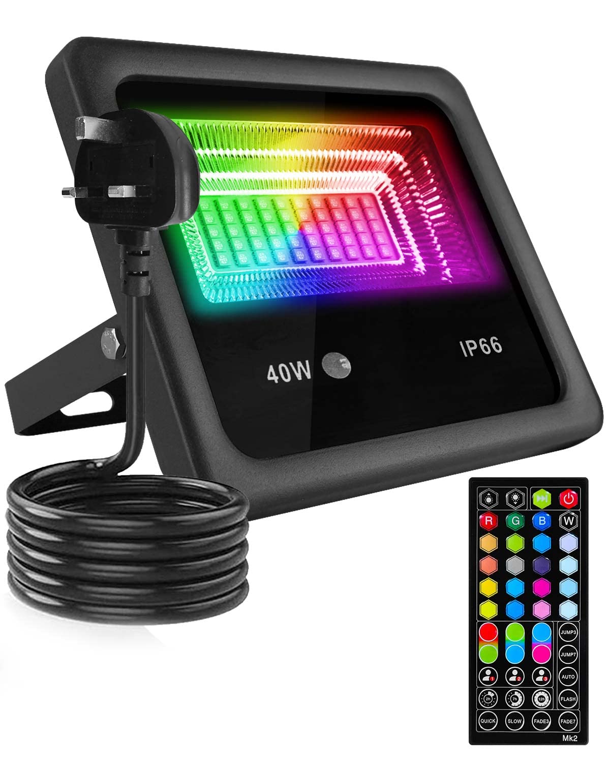 Maxesla RGB LED Floodlight Outdoor 40W with Remote Control, 4000LM IP66 Waterproof LED Flood Lights Outdoor, DIY 1000 Colours RGB Outdoor Floodlight, 6 Modes UK 3-Plug 60 LED Flood Light with 2m Wire