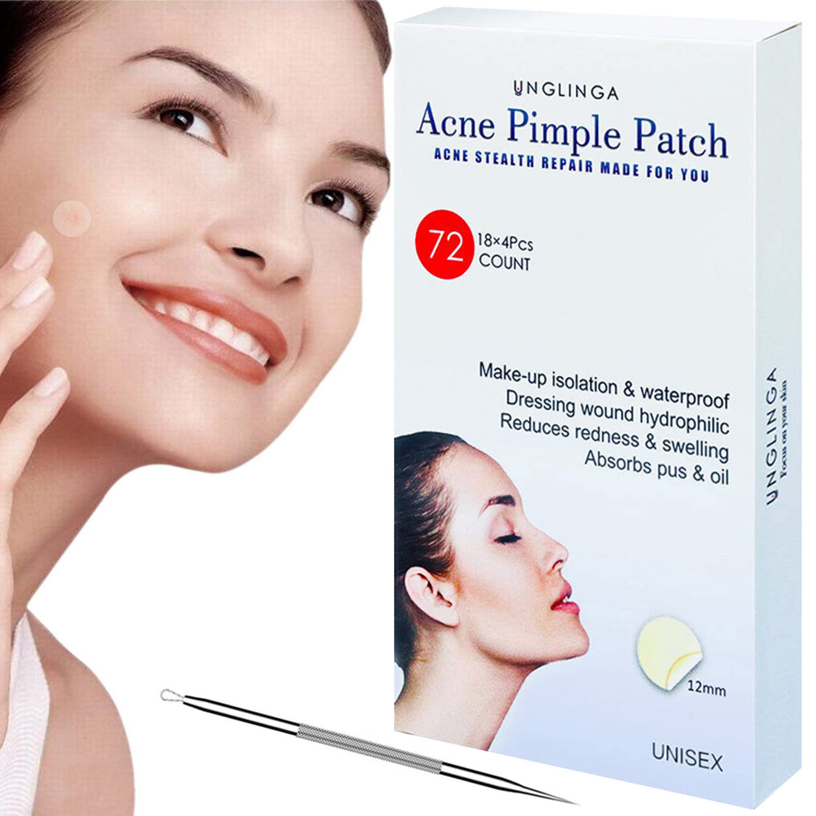 Acne Pimple Master Patch - 72Count Hydrocolloid Bandages Acne Spot Treatment Absorbing Zit Cover Healing Dots by UNGLINGA, Drug-free Non-drying, Φ12mm