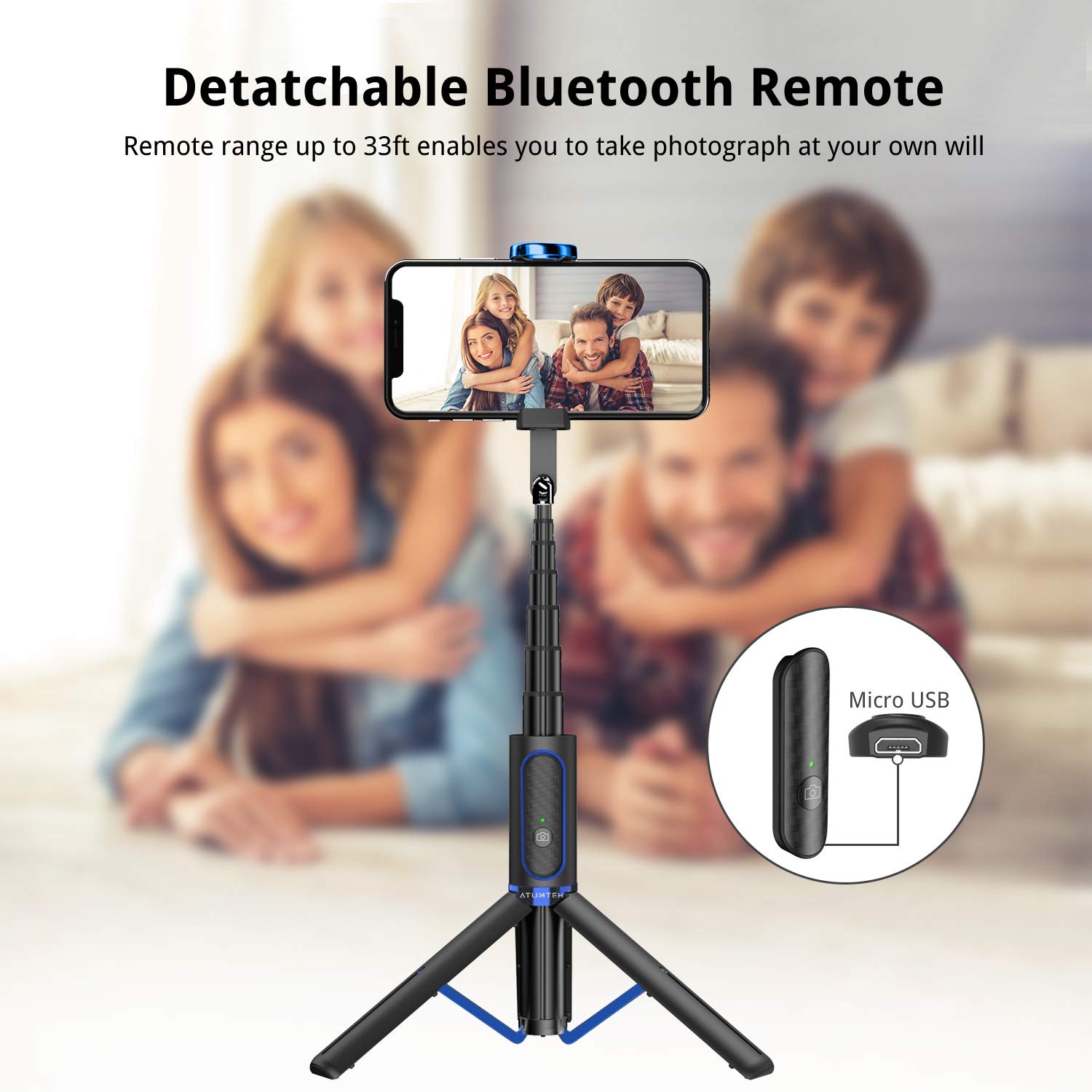 ATUMTEK Selfie Stick Tripod, Extendable 3 in 1 Aluminum Bluetooth Selfie Stick with Wireless Remote for iPhone 13/13 Pro/12/11 Pro/XS Max/XS/XR/X/8/7, Samsung Huawei LG Google Sony Smartphones, Blue