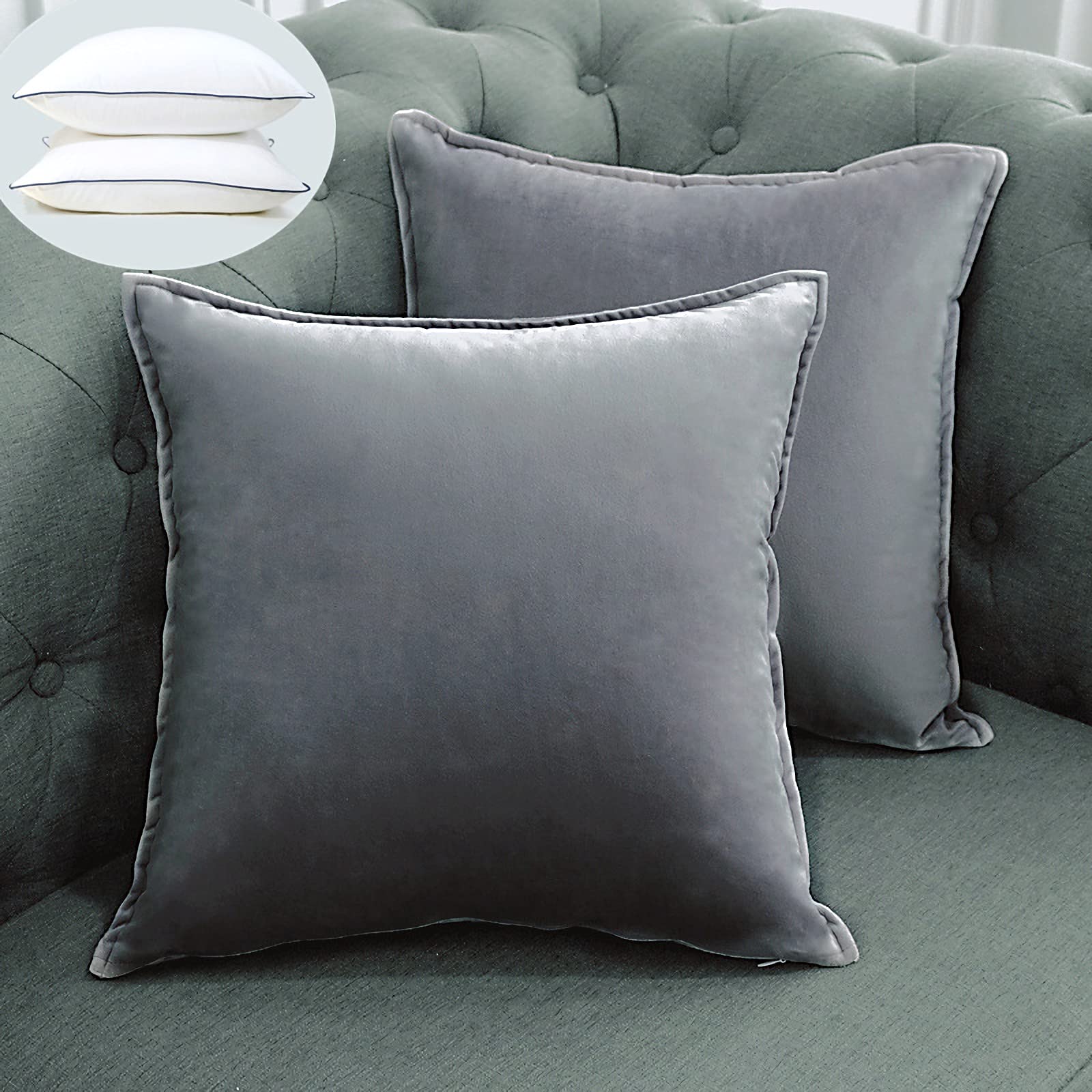 BOYANG Grey Cushions with Covers included sets 4(2 cushion cover 18x18in and 2 cushion Inserts 20x20in) Cushions for bed Velvet Throw Pillows Sofa Garden Furniture Tent Car Bedroom Square Pillow