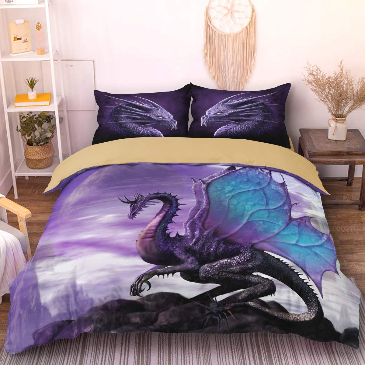 Flying Dragon Duvet Cover with 2 Pillowcases 3D Printed Dragon Bedding Set with Zipper Closure Soft Microfiber Double Duvet Cover Set 200 x 200cm(Purple,Brown)
