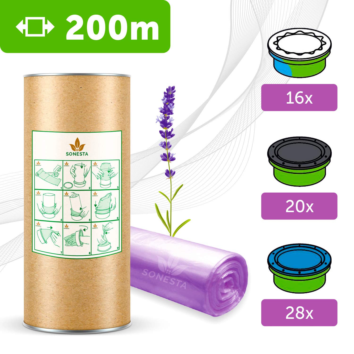 200m. ECO Nappy Bin Refills Compatible with Tommee Tippee Tec, Twist & Click, Simplee | Compatible with Angel | + Cardboard for Easy refilling - Lavender Fragrance - DEO Anti-Odour Free