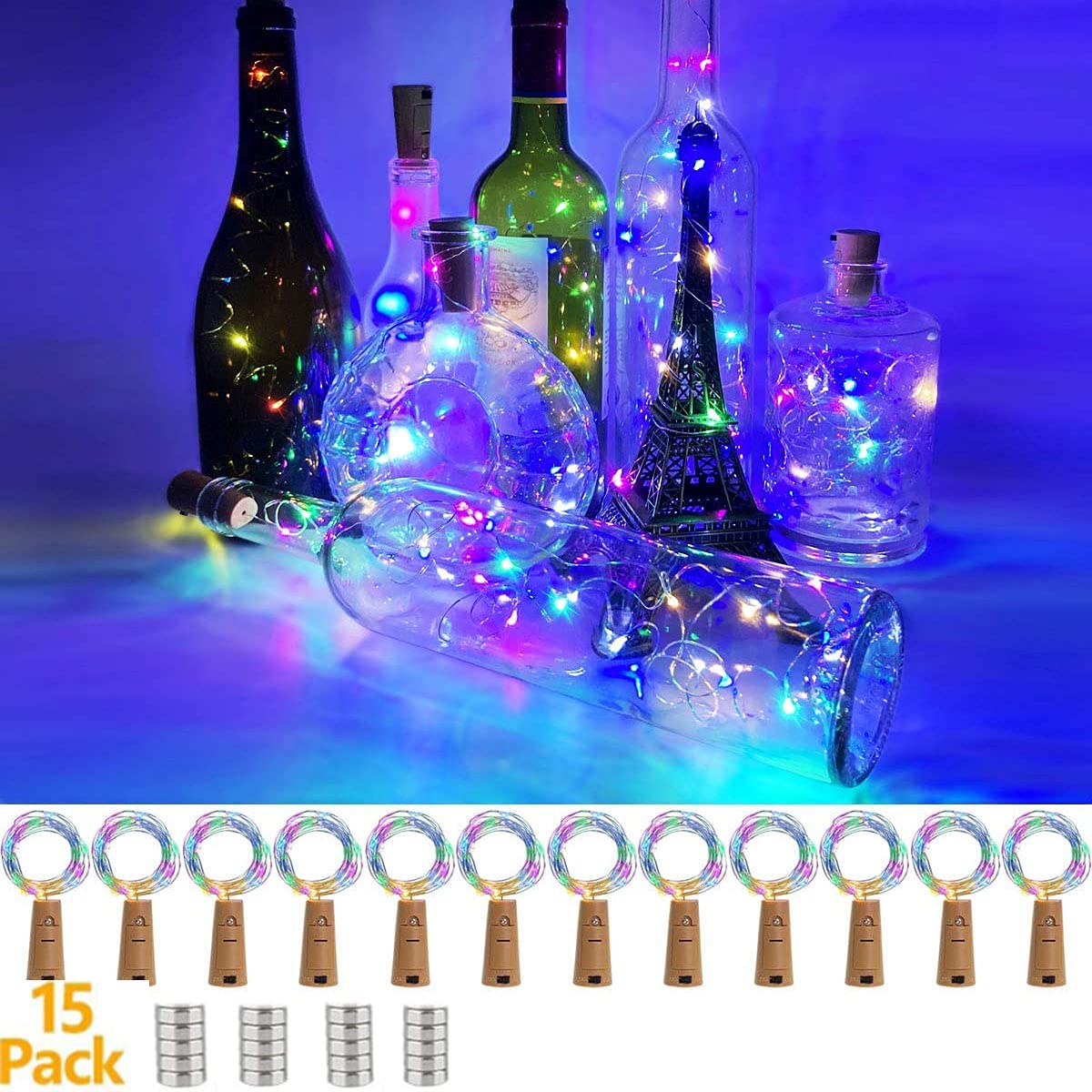 Pack of 15 LED Bottle Lights, 20 LEDs, 2 m Fairy Lights, Copper Wire, Battery Operated Wine Bottle Lights with Cork String Light for DIY Party Wedding Mood Lights (Colour Light)