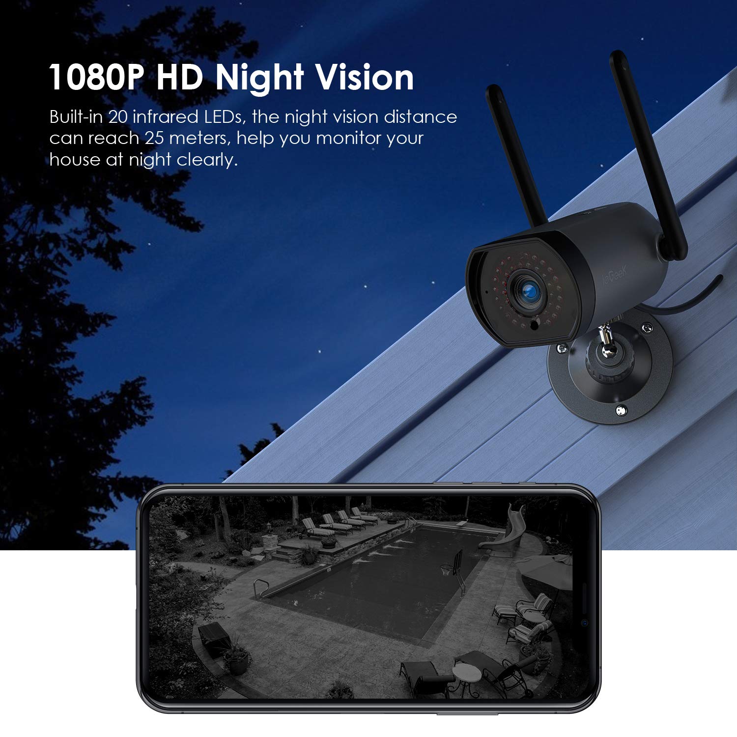 ieGeek Outdoor Security Camera,4dBi Antenna Wireless WiFi Wired CCTV Camera System,1080P Video Record Home IP Surveillance Camera,2-Way Audio,Motion Detect,Siren,25m Night Vision,IP66,Support PC/App