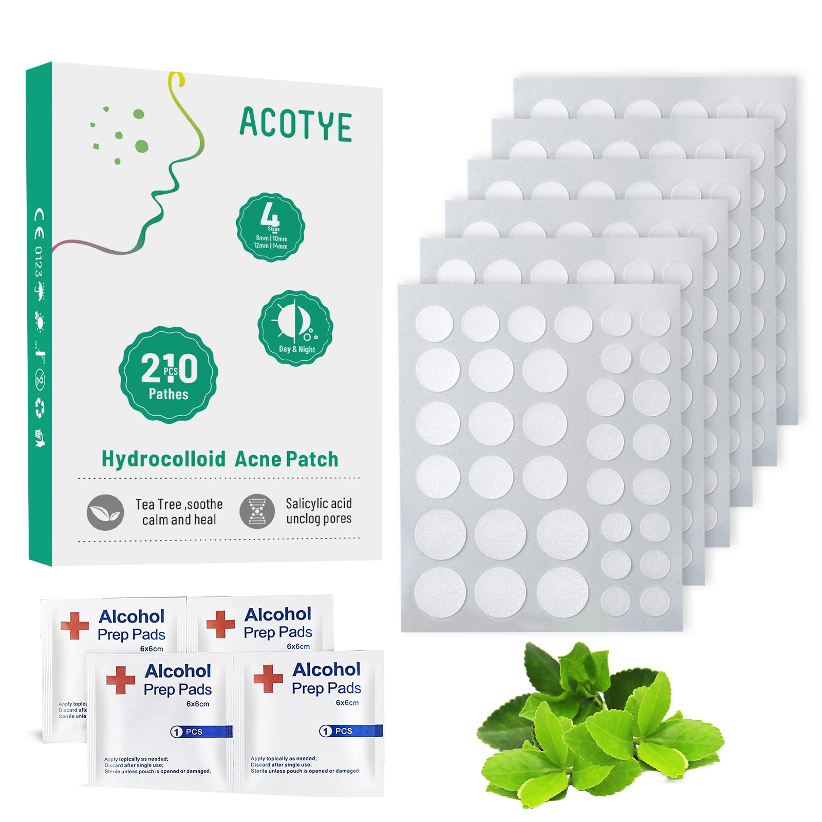 ACOTYE Pimple Patches 210PCS Hydrocolloid Patches Tea Tree Oil, 0.7% Salicylic Acid and Niacinamide, Blemish Spot, Invisible Spot Patches, 4 Sizes 8mm, 10mm, 12mm,14mm