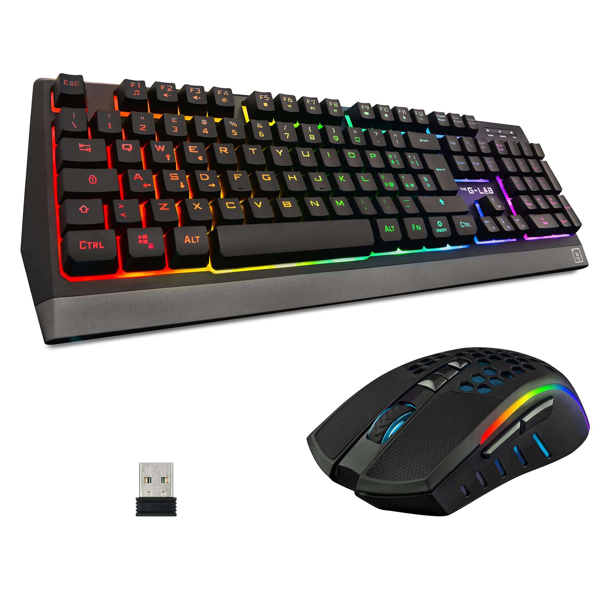 THE G-LAB Combo TUNGSTEN - Backlit Wireless Gaming Keyboard and Mouse Set – UK QWERTY Wireless Gaming Keyboard + 2400 DPI Wireless Gaming Mouse - Pack for PC/PS4/PS5/Xbox One/Xbox Series X/S - NEW