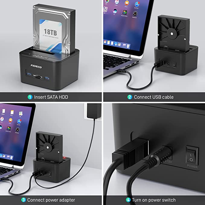 FIDECO Docking Station, USB 3.0 Hard Drive Docking Station for 2.5 and 3.5 inch SATA HDD or SSD, Support Offline Clone, TF & SD Card Reader, and 2x 18TB Hard Drives