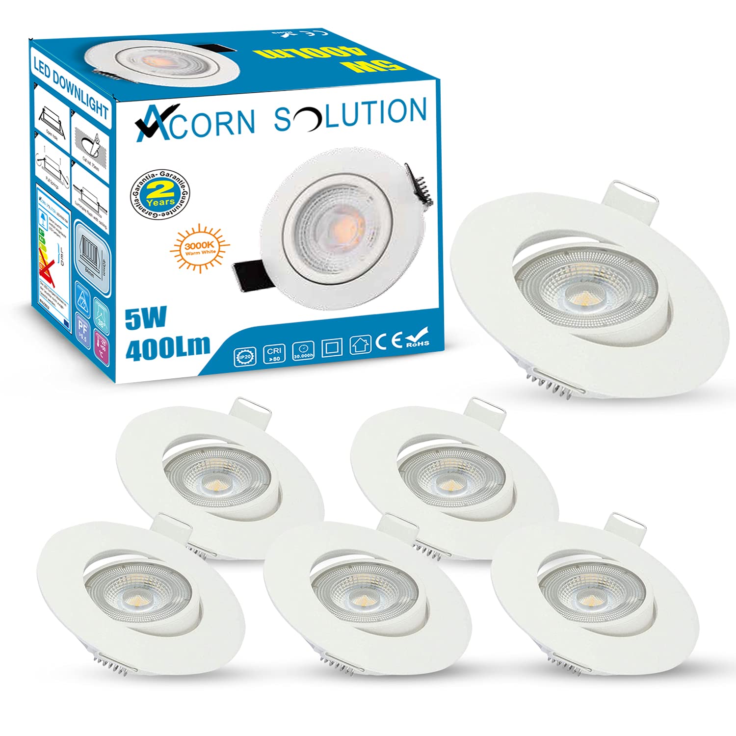 AcornSolution 6-Pack Recessed LED Down Lights Indoor Ceiling Light, Linkind 5W Downlights,400LM, Cut-Out 75mm, IP20 Waterproof Spotlights for Kitchen Bathroom(Pack of -6)