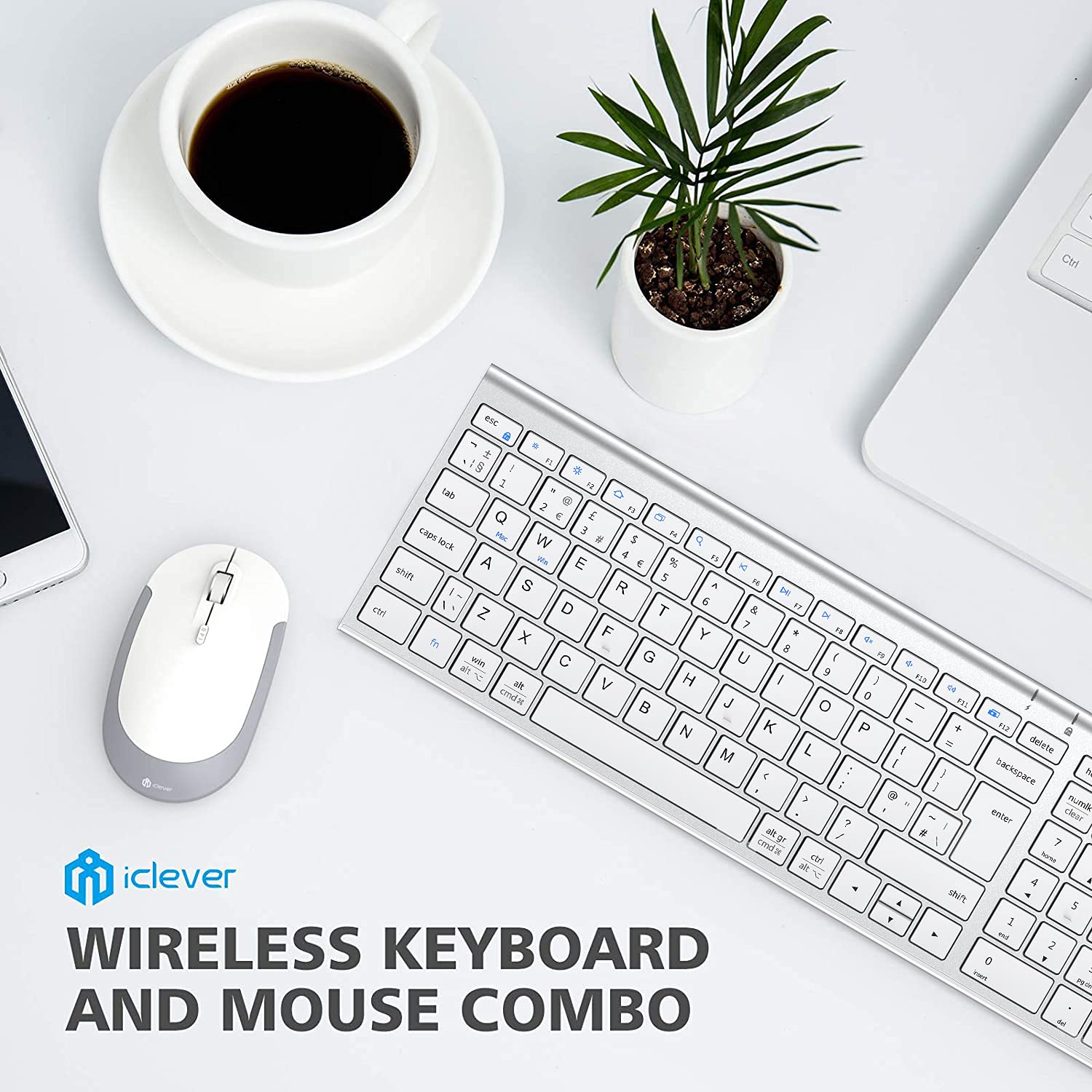 iClever GK03 Wireless Keyboard and Mouse Combo - 2.4G Portable Wireless Keyboard Mouse, Rechargeable Battery Ergonomic Design Full Size Slim Thin Stable Connection Adjustable DPI, Silver and White