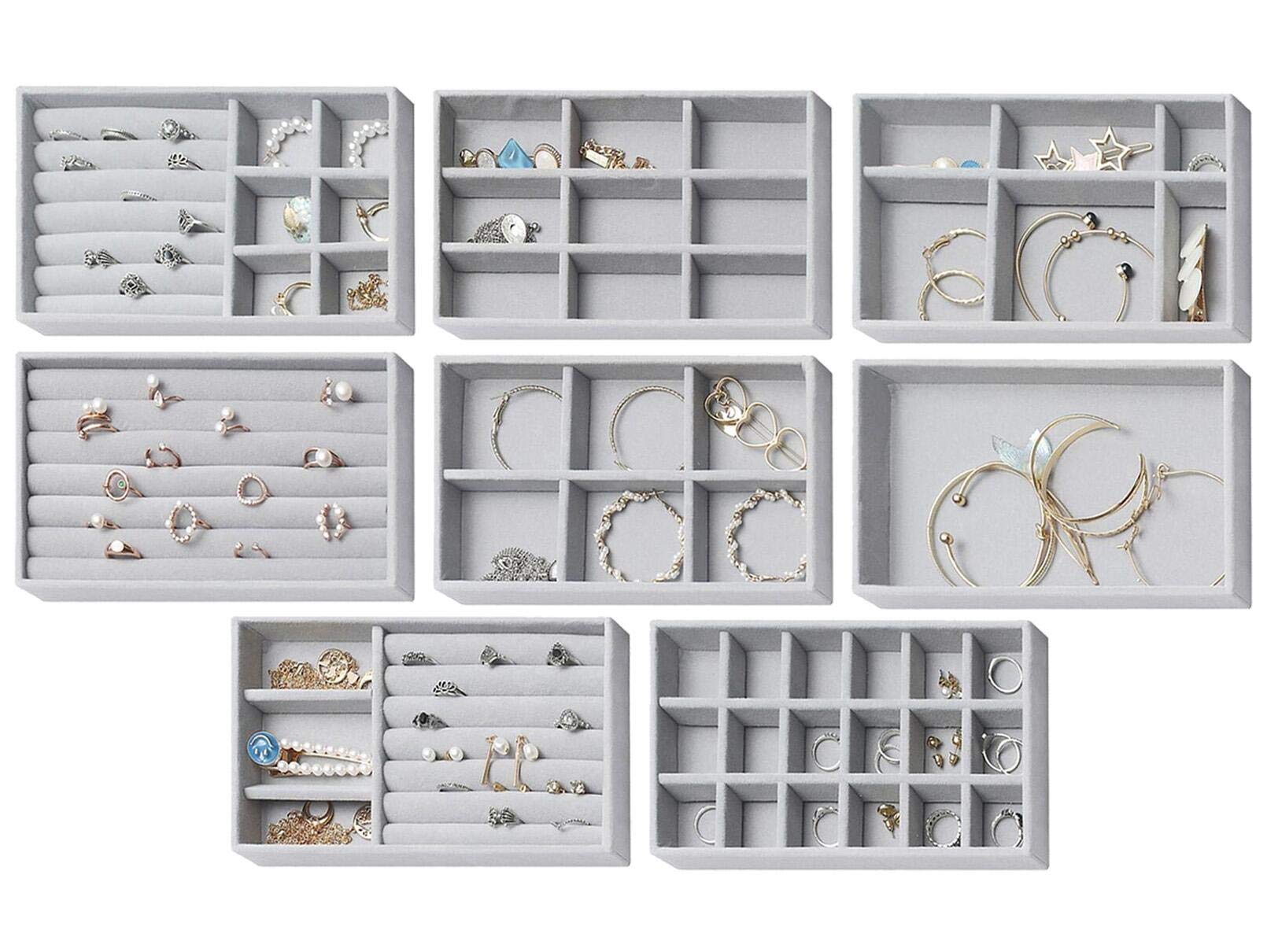 Nwvuop 8 Pack Jewelry Tray Organizer Set Stackable Jewelry Organizer for Bracelet Necklace Earring Ring Jewelry Display Tray for Drawer Grey