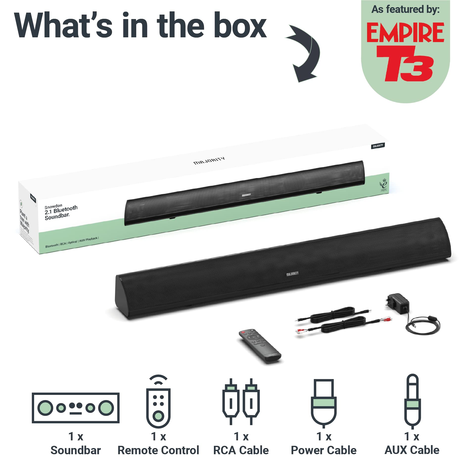 MAJORITY Snowdon II Sound bar for TV | 120 WATTS with 2.1 Channel Sound | Soundbar with Subwoofer Built-in and Remote Control | Multi-Connection