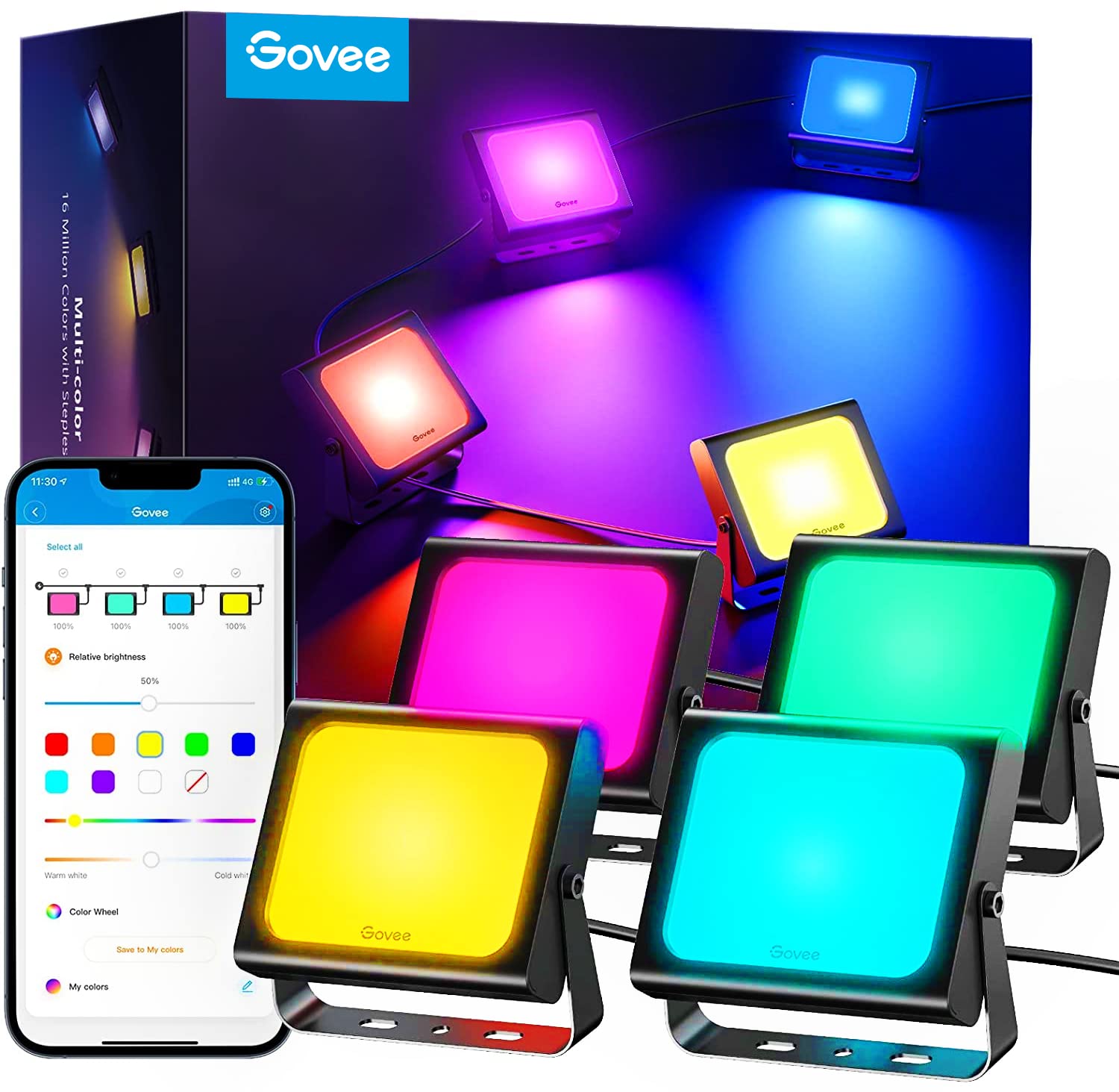 Govee Flood Lights Outdoor 4 Pack, 2700-6500K Dimmable RGBIC Warm White and Daylight, Smart WiFi APP Control, Work with Alexa, IP66 for Garden Lawn