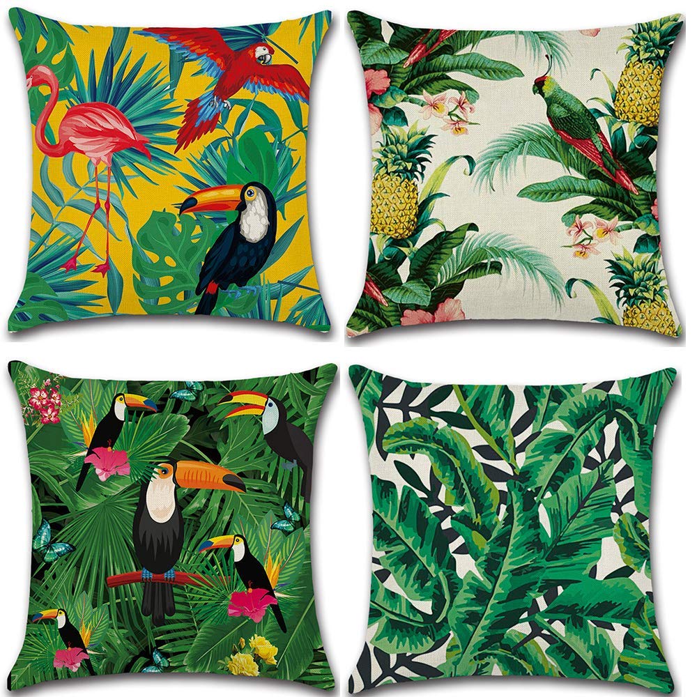 Fullfun Tropical Palm Cushion Covers, Flamingo linen pillow covers leaf cushions Pack of 4 square jungle throw pillowcase, For sofa, couch, bedroom & outdoor cushions 45 cm x 45 cm (18 x 18 inch)