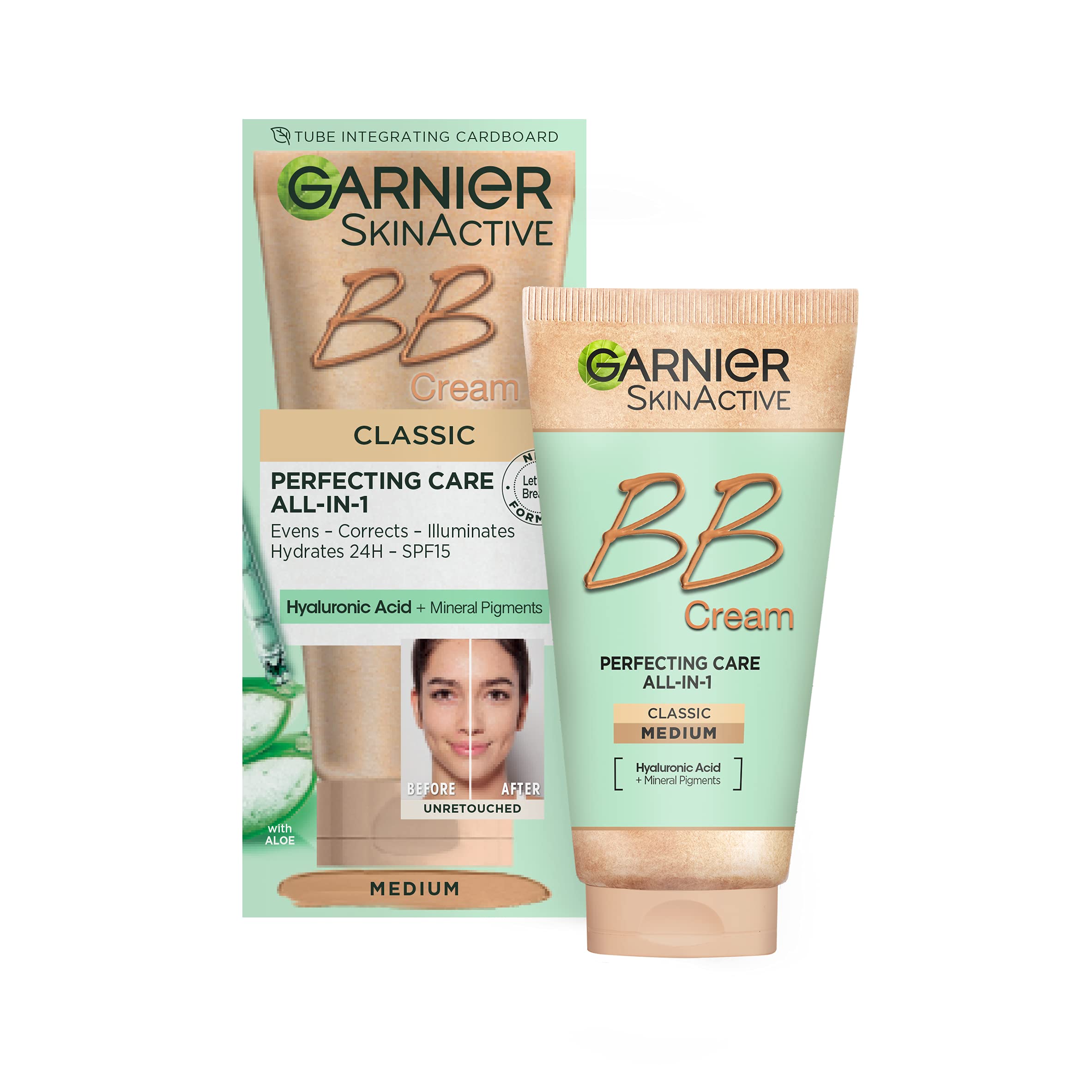 NEW & IMPROVED Garnier SkinActive Classic Perfecting All-in-1 BB Cream, Shade Classic Medium, Tinted Moisturiser SPF 15, Brightens and Evens Skin, With Hyaluronic Acid, Aloe & Mineral Pigments, 50 ml