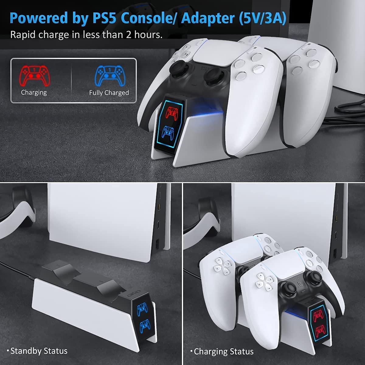 PS5 Charging Station, OIVO 2H Fast PS5 Controller Charger for Playstation 5 Dualsense Controller, Upgrade PS5 Charging Dock with 2 Types of Cable, PS5 Charger for Dual PS5 Controller