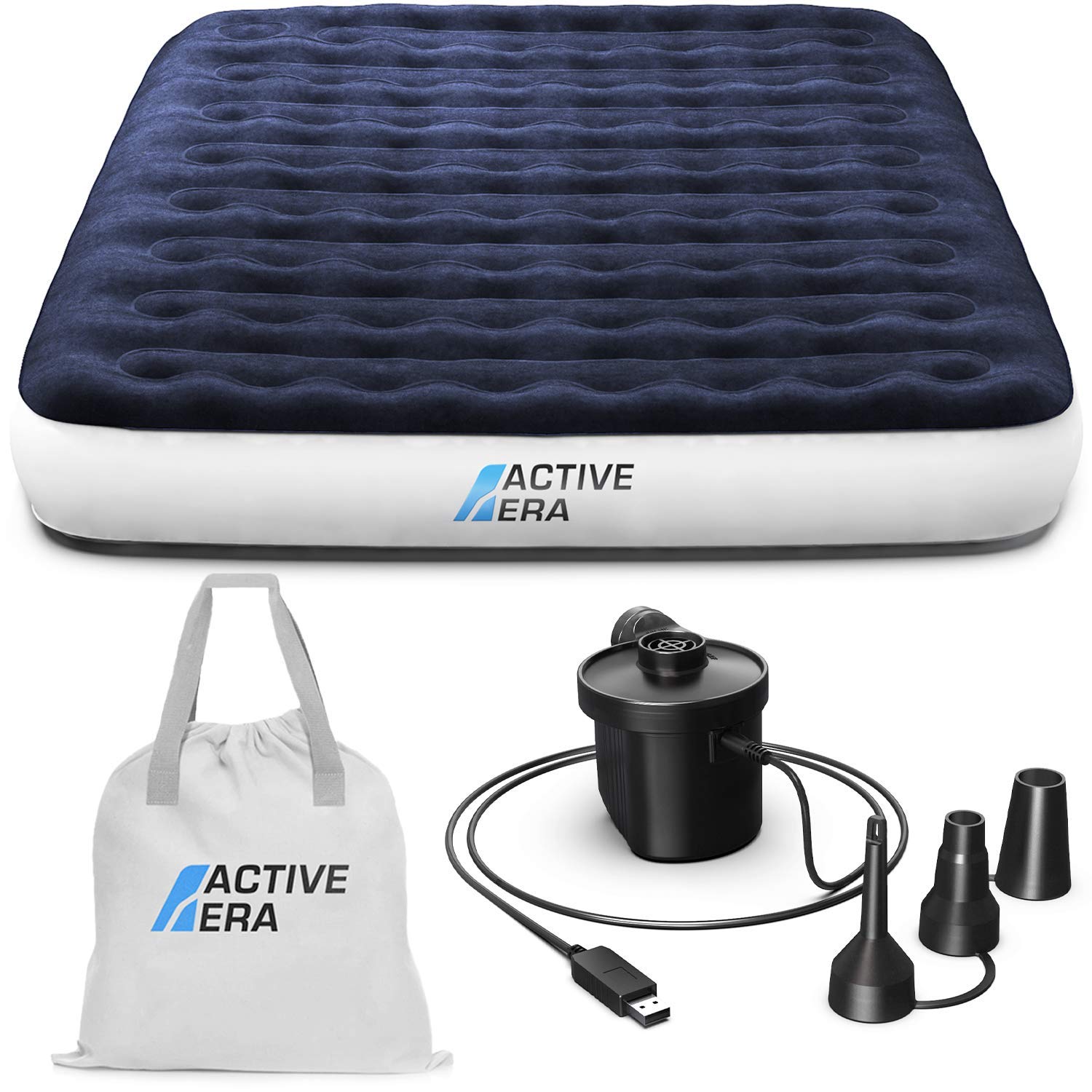 Active Era Camping Air Bed with USB Rechargeable Pump - Inflatable Air Mattress with Integrated Pillow, Travel Bag, Portable Air Pump with USB Charging Cable and Foot Pump