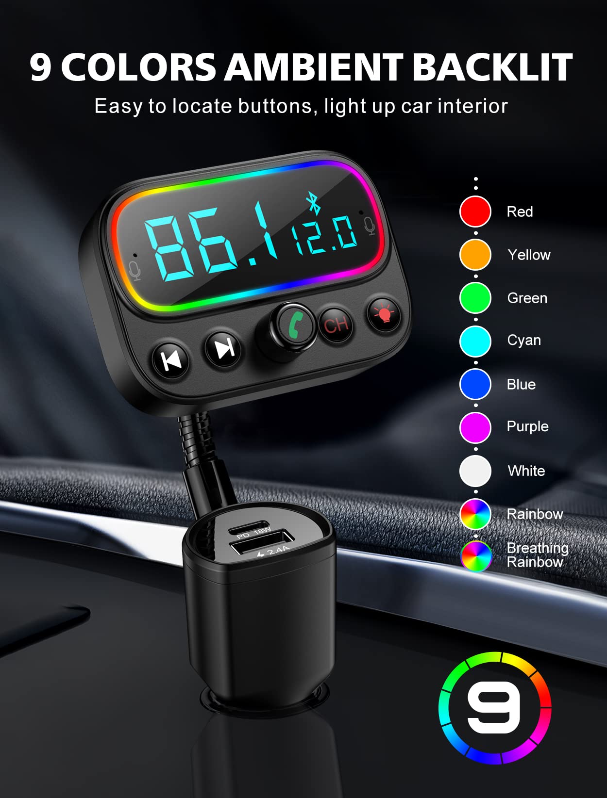 Mohard FM Transmitter for Car Bluetooth 5.0, 18W USB C Fast Car Charger, Bluetooth Car Adapter Radio Receiver with 9 Colors Backlit, 2.0" Screen, 3 USB Ports, AUX Output, Dual Mic, Support USB Drive