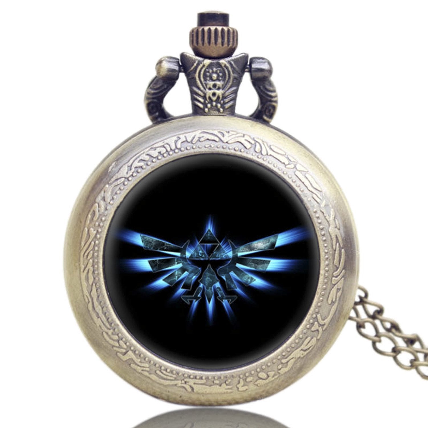 The Legend of Zelda Hyrule Royal Crest Logo Bronze Effect Antiqued/Vintage Case Men's Quartz Pocket Watch Necklace - On 32" Inch / 80cm Chain