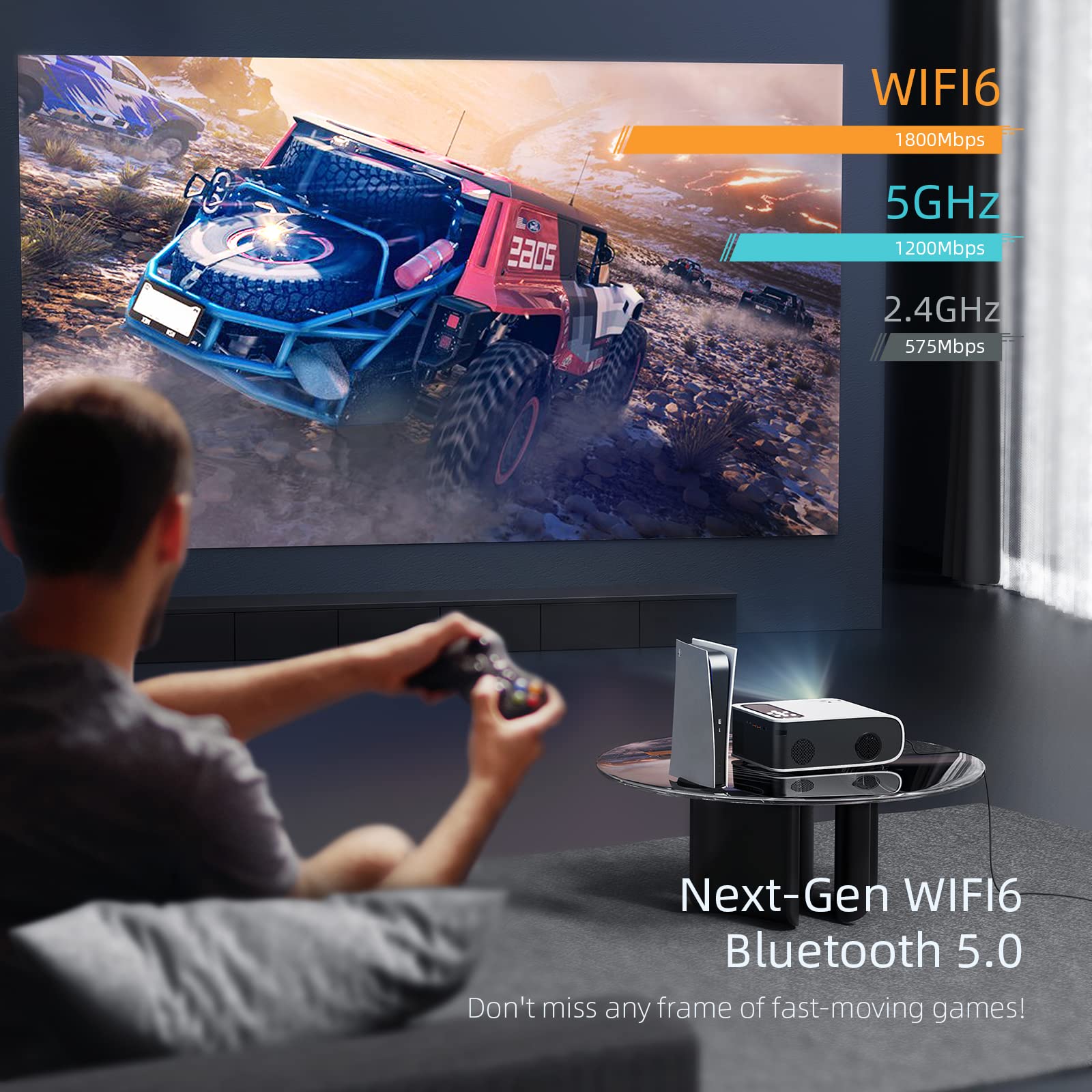 Projector Wifi 6 Bluetooth,YABER Pro V8 450 ANSI Lumen Native 1080P HD Projector,4K Supported,4P/4D Keystone Correction,-50% Zoom,250" Display Home & Outdoor Projector for TV Stick, Android, iOS