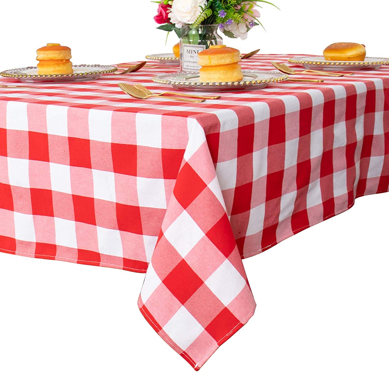 Red and White Checked Tablecloth 55"x55" Square Table Cloths Plaid Tablecloth Party Camping Table Cover with Checked Plaid Pattern Rustic Country Style Checked Table Linen (55"x55", Red and White)