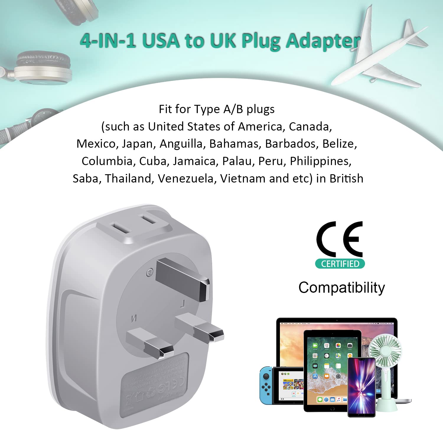 US to UK Plug Adapter, BEVA 2/3 Pin USA to 3 Pin UK Travel Adaptor with 2 USB Slots, Travel Socket Adapter for American/Mexico/Canada/Japan to British, USA to UK Converter Plug Adapter…