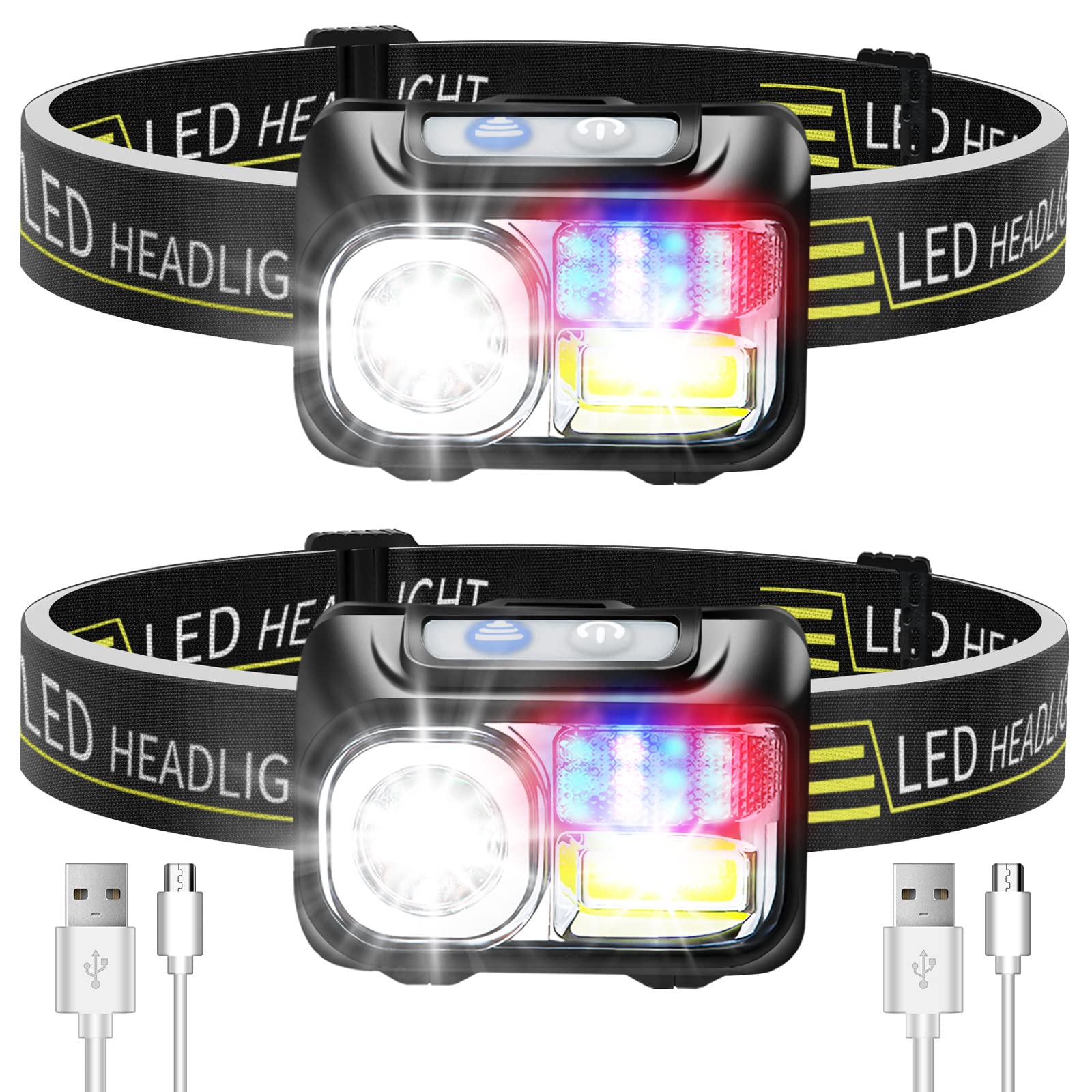 LED Head Torch Rechargeable, [2 Pack] Deerfun Headlamp Super Bright Headlight Waterproof 9 Light Modes with Red and Blue Warning Lights Sensor Switch Lightweight Headlight for Camping, Running