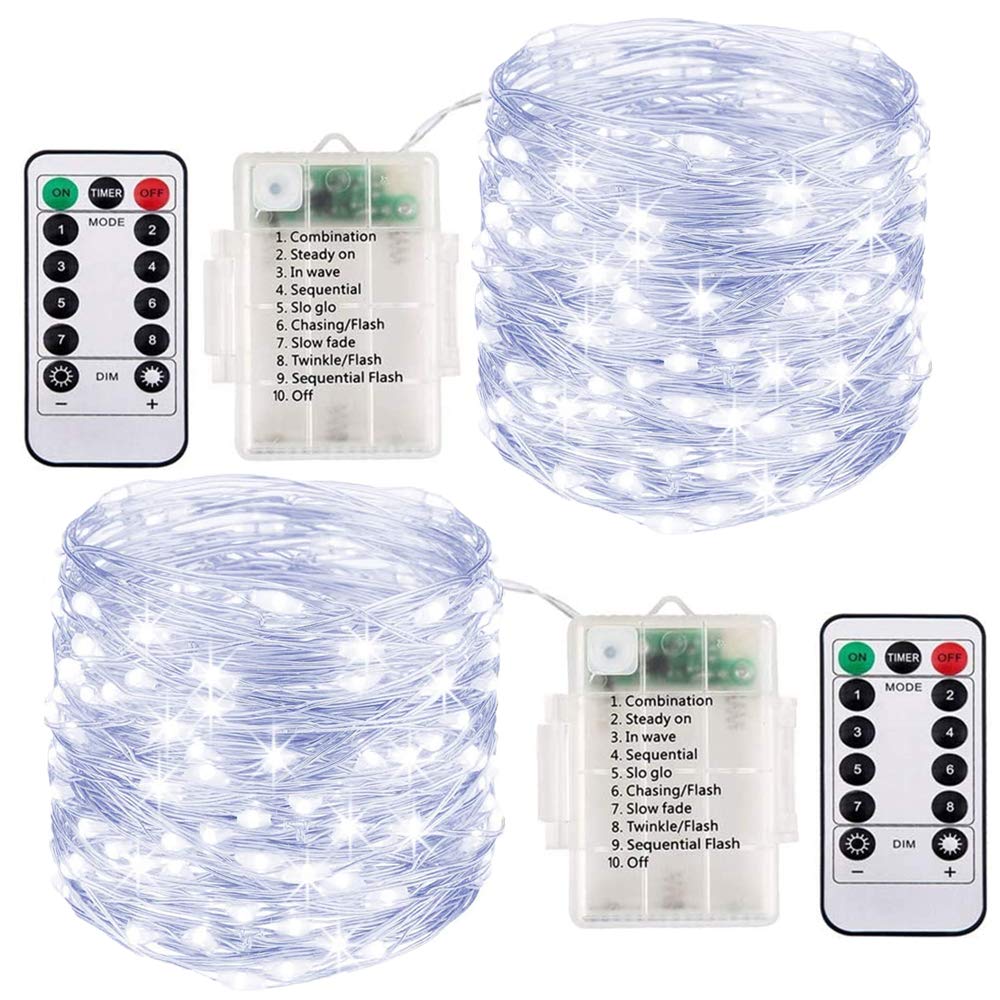 Ooklee Fairy Lights Battery Operated, [2 Pack] 10M 100 LED Outdoor Waterproof Garden String Light, 8 Modes with Remote Timmer,Twinkle Copper Wire for Gazebo Camping Outside Christmas Decor(Cool White)