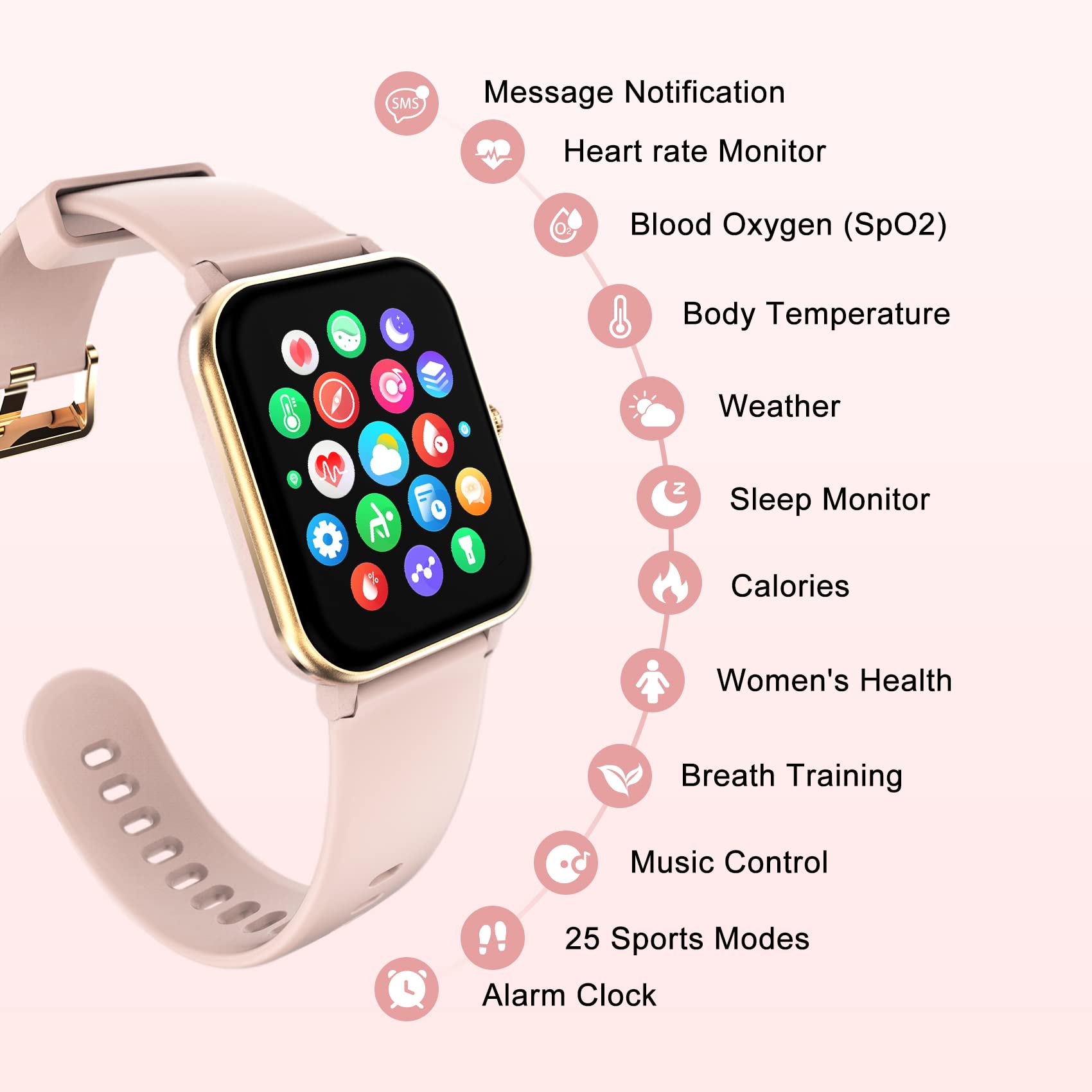 IOWODO Smart Watch for Women, Fitness Tracker with Waterproof IP68,Heart Rate Monitor,Blood Oxygen(SpO2),Pedometer,Stopwatch,25 Sport Modes,Body Thermometer,Weather,Smartwatch for Android iOS