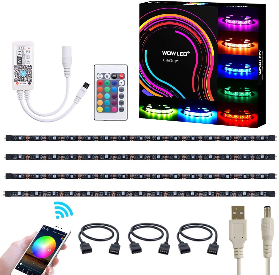 WOWLED WiFi Smart USB RGB LED TV Backlight Strip, Compatible with Alexa and Google Home, 4pcs RGB 5050 Strips Light DC 5V, Colour Changing RGB LED Strip Lights IP65 (2.4 GHz Only, 30LEDs/M)