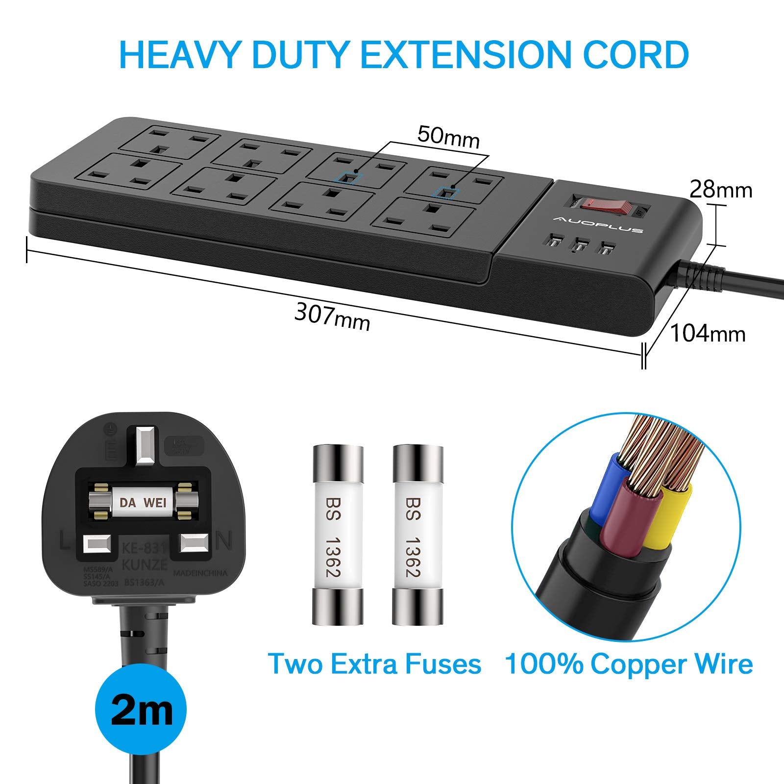 8 Way Extension Lead 2M, AUOPLUS Multi Plug Extension Lead with USB Slots, Plug Extension Sockets Power Strip, Wall Mountable Extension Cord with Black 2 Metre Long Extension Cable for Home Office