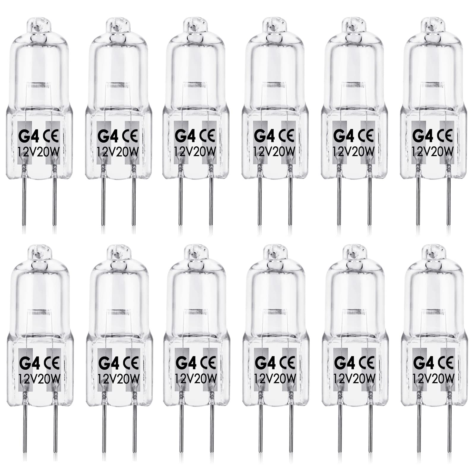 BROTOU G4 Halogen Bulbs, 20W 12V 2800K Warm White 2 Pin Clear Capsule Lamp Bulbs, Dimmable, 12 Pack