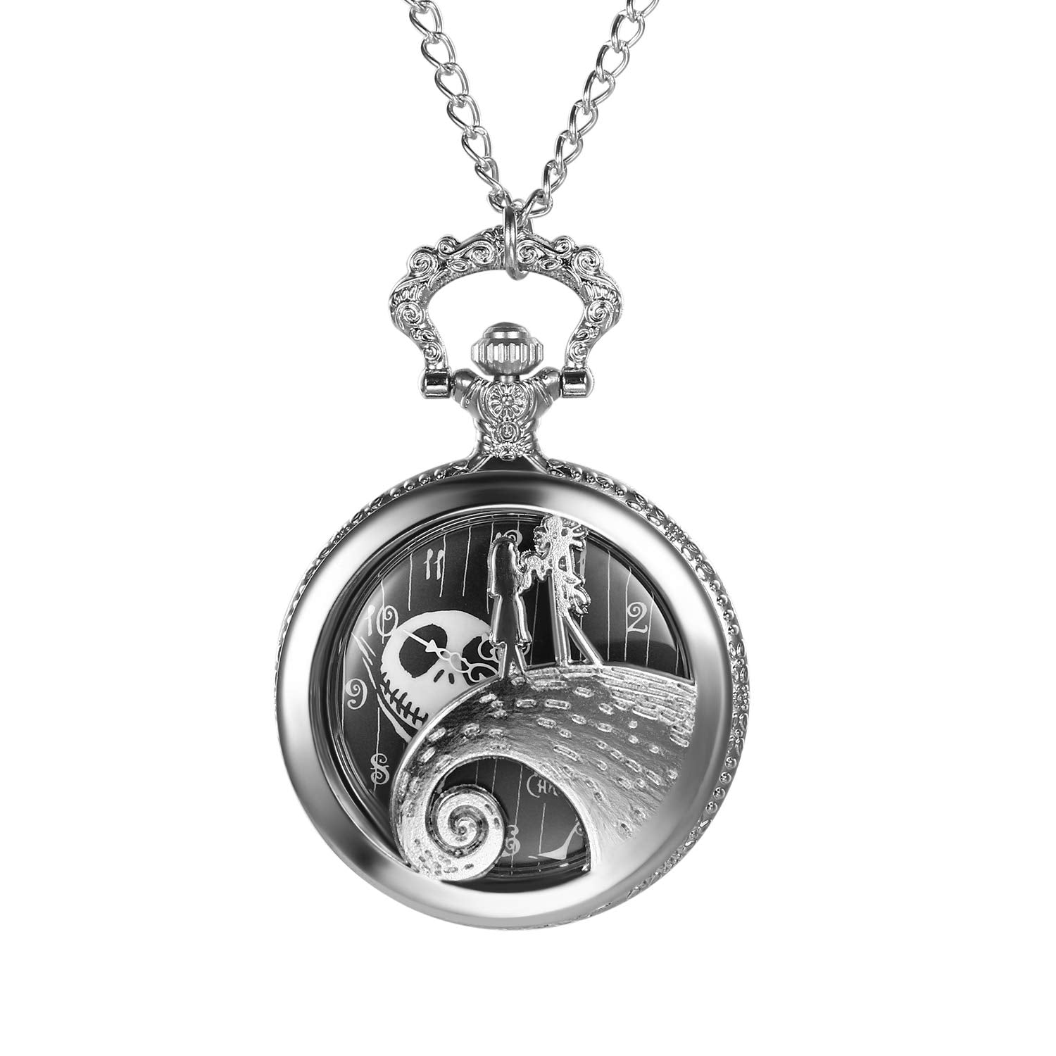 JewelryWe Antique Nightmare Before Christmas Pocket Watch Men Women Pocket Watch with Chain Necklace Watch for Xmas