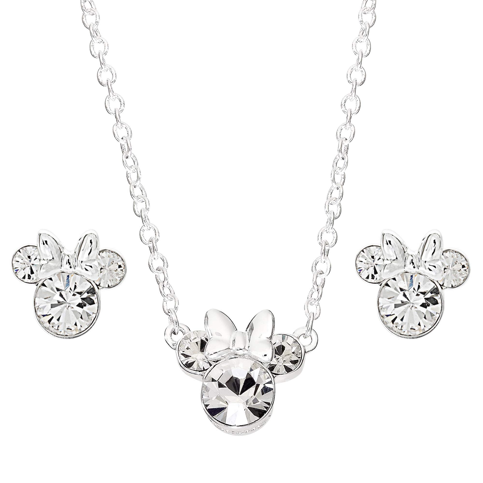 Disney Minnie Mouse Crystal Stud Earrings and Necklace Silver Plated Jewelry Set (More Colors)
