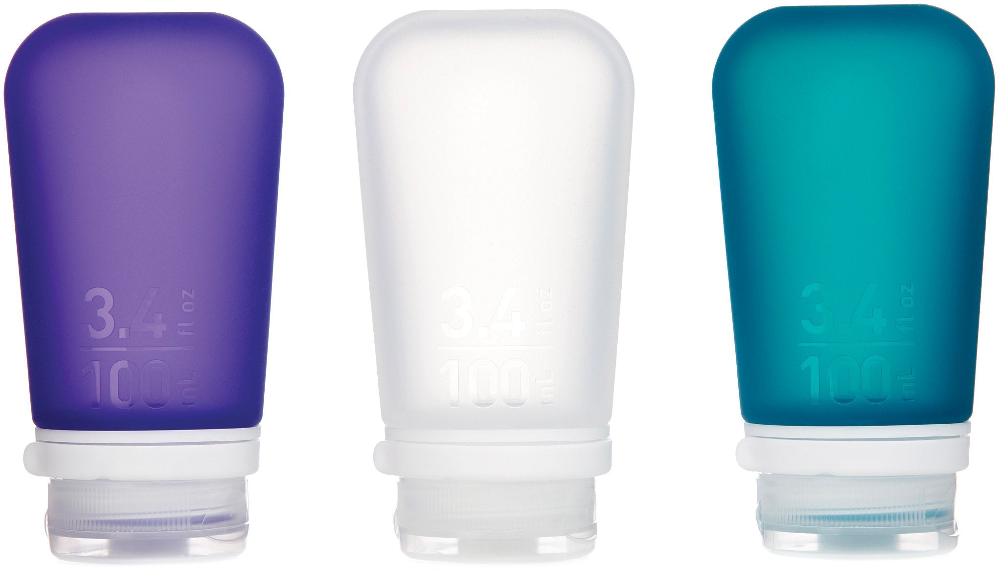 humangear GoToob+ 3-Pack - Large 100ml GoToob+ Travel Bottle with locking cap 3-Pack - Large 100ml - Clear/Purple/Turquoise, Large